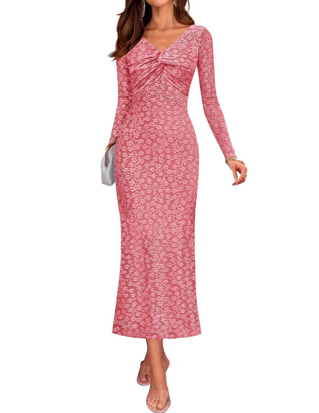 Luxuii Floral Long Sleeve Bodycon Boho V Neck Cocktail PartyDresses