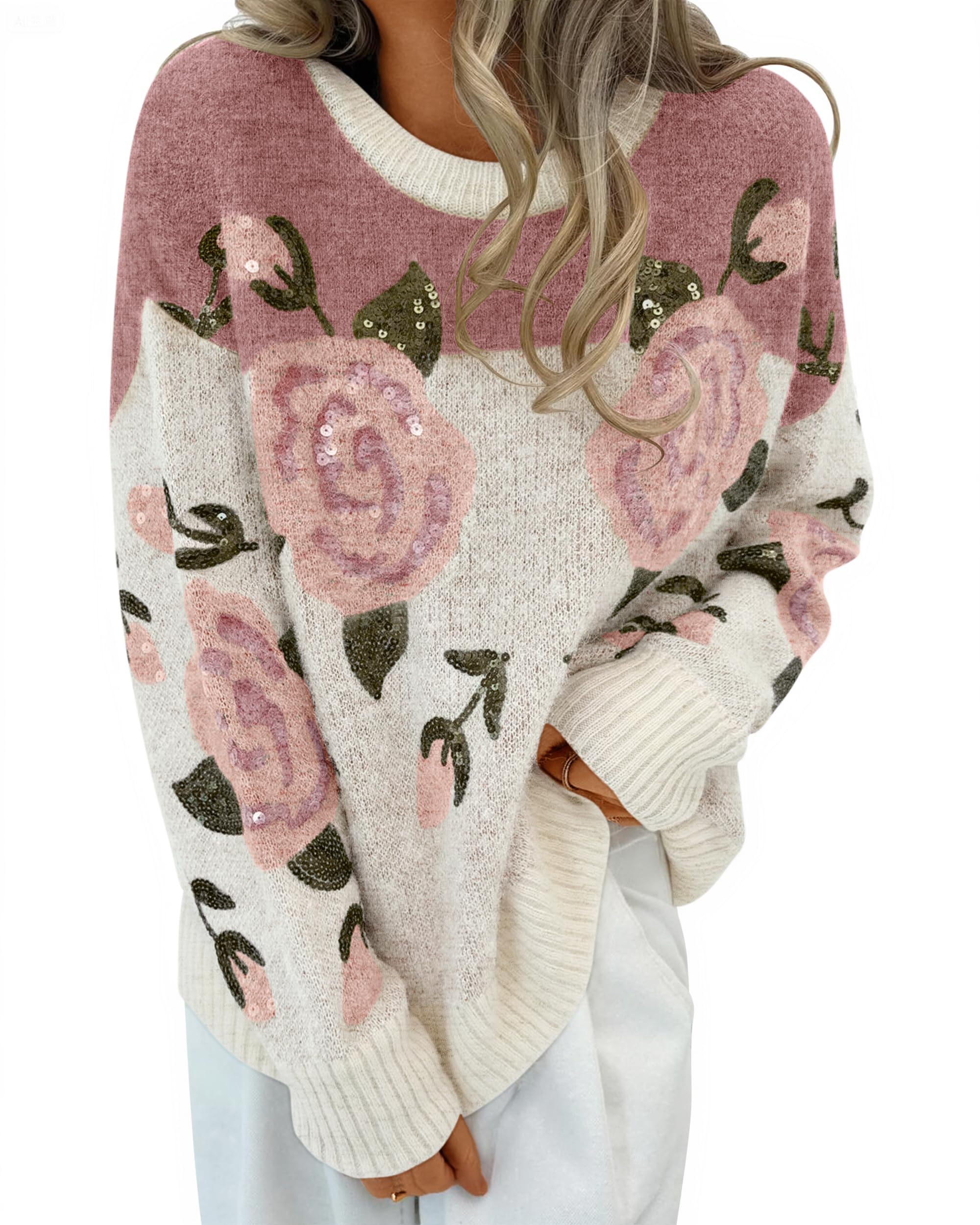 Luxuii Floral Oversized Crewneck Chunky Knit Pullover Sweater Tops