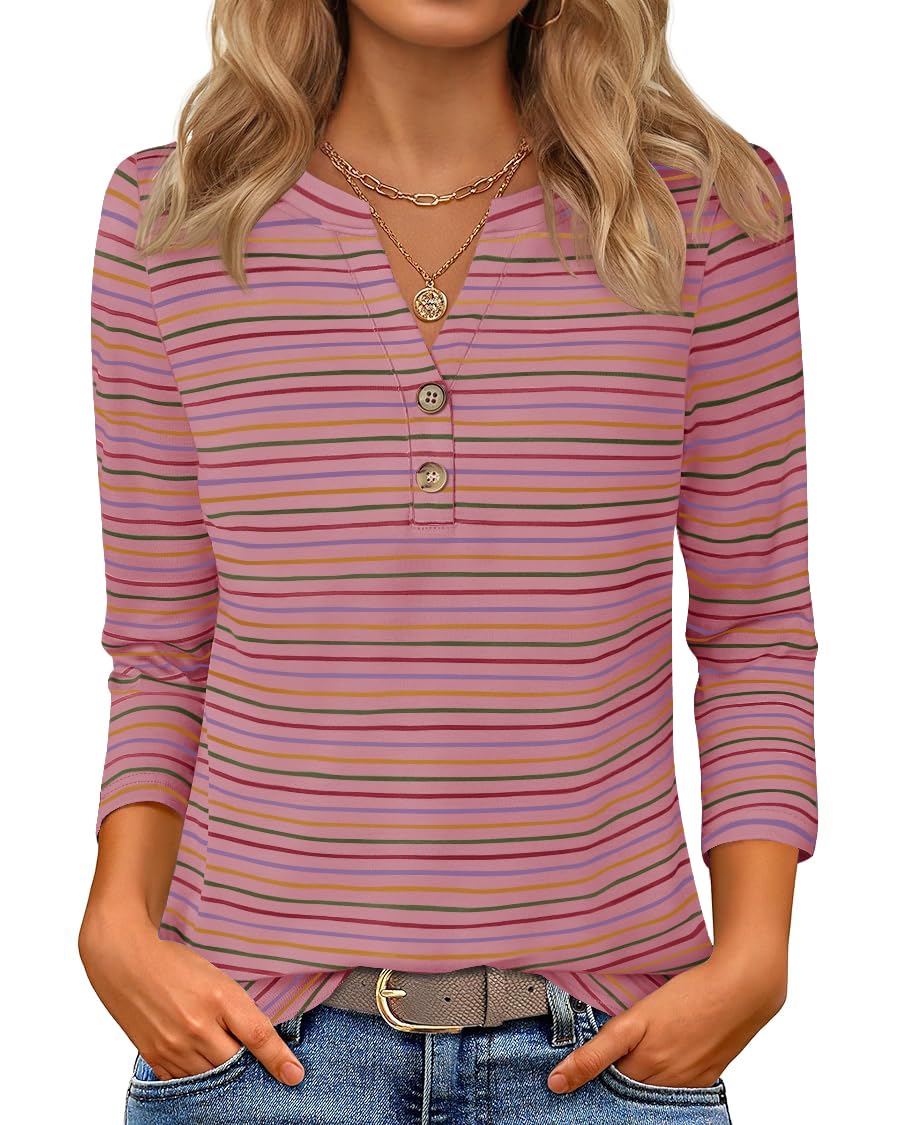 Luxuii Boho Striped Henley Shirts 3/4 Sleeve Tops Casual Blouses