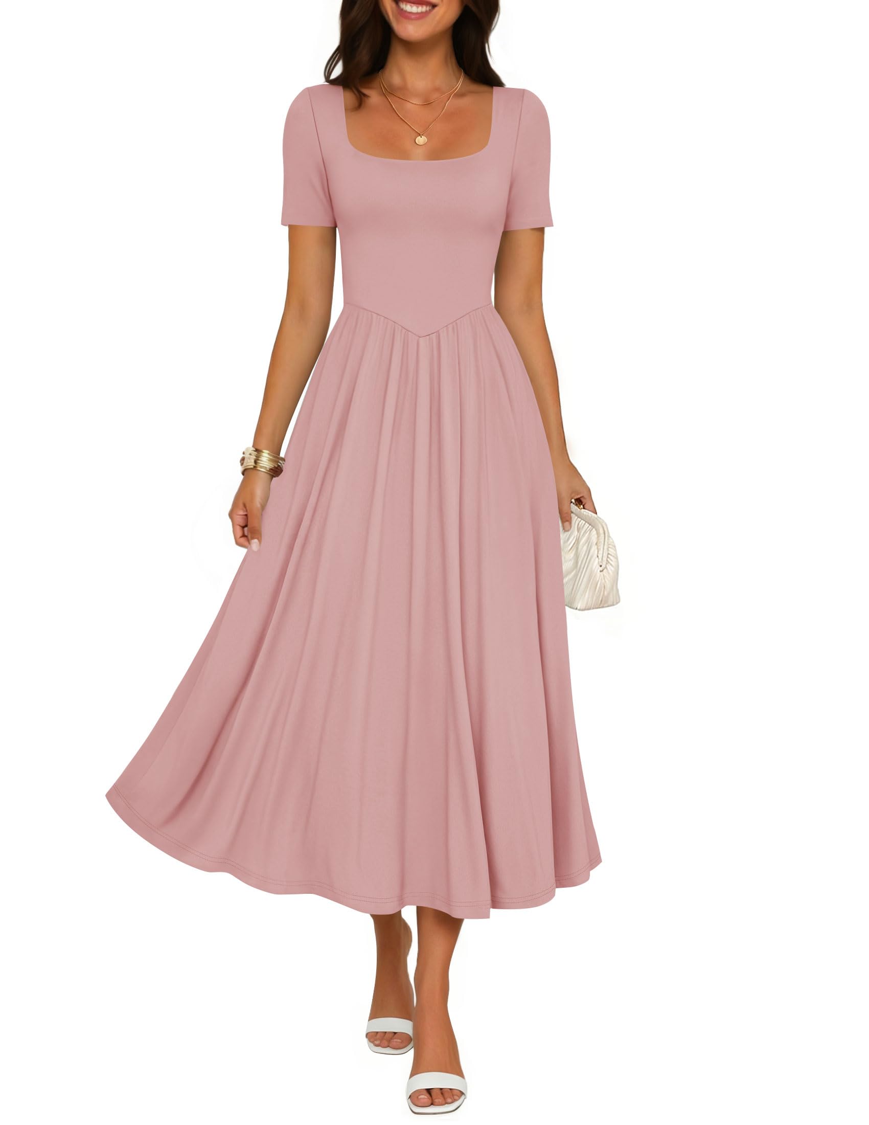 Luxuii Guest Elegant Classy Square Neck Short Sleeve Cocktail Party Midi Dress
