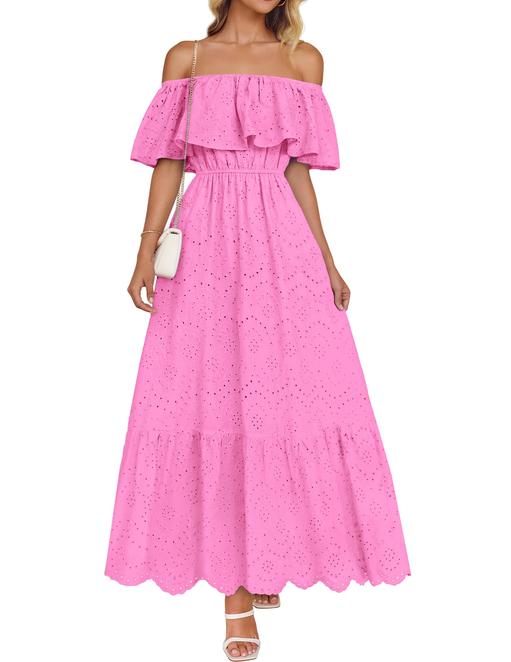 Luxuii Off Shoulder Ruffle Short Sleeve High Waist Hollow Dresses