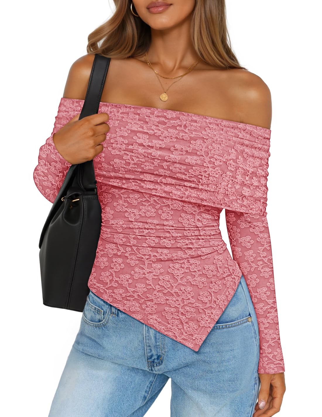 Luxuii Mesh Long Sleeve Shirts Asymmetrical Ruched Tee Blouses