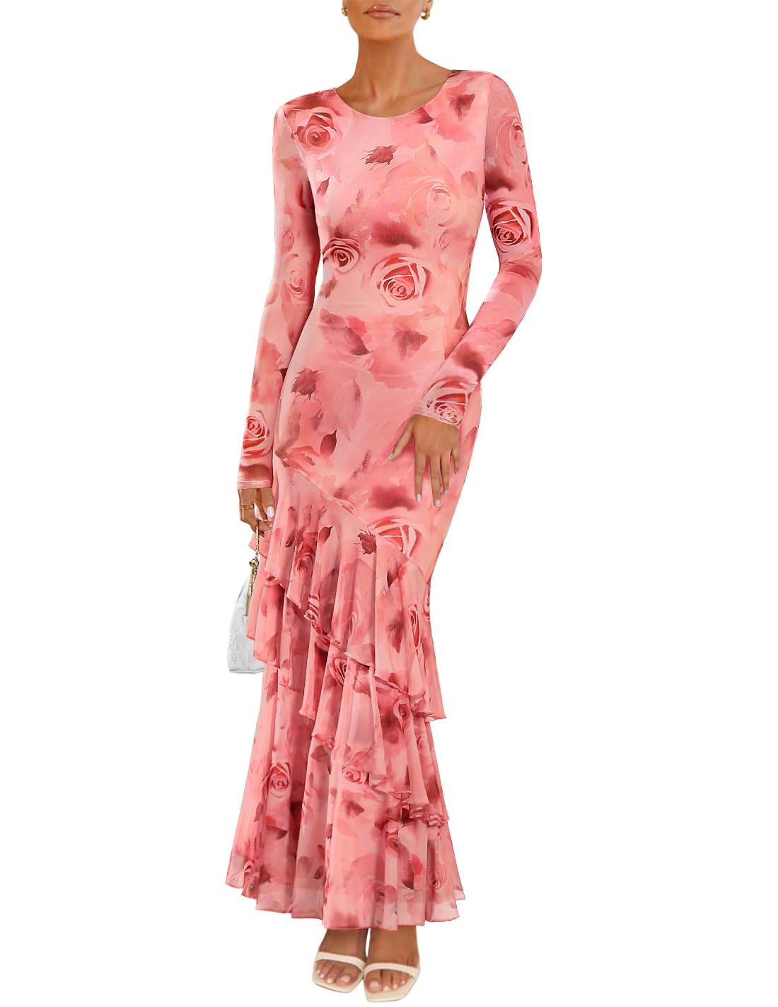 Luxuii Floral Bodycon Boho Long Sleeve Mesh Ruffle Mermaid Dress