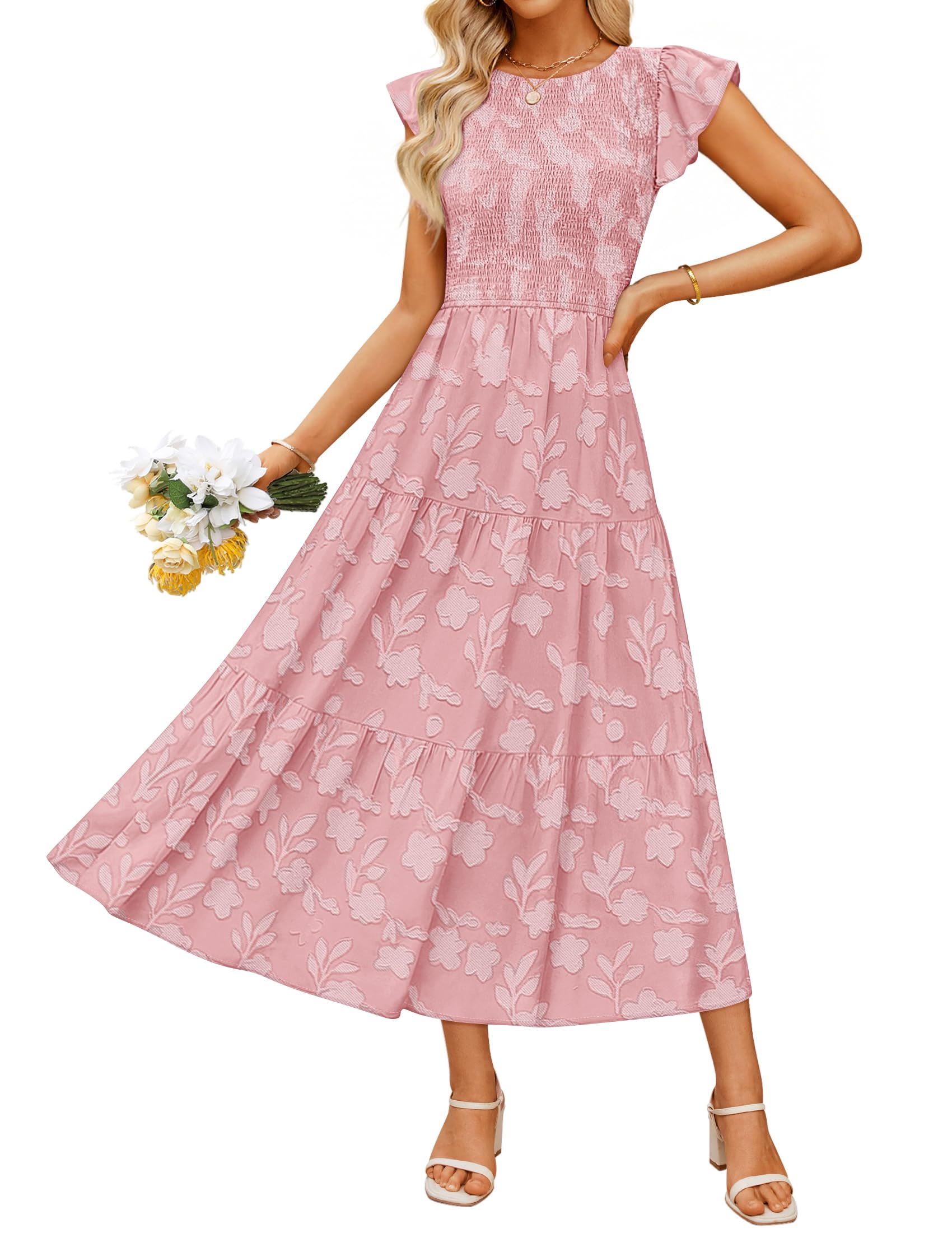 Luxuii Boho Floral Casual Flutter Crewneck Smocked Flowy Beach Long Dresses