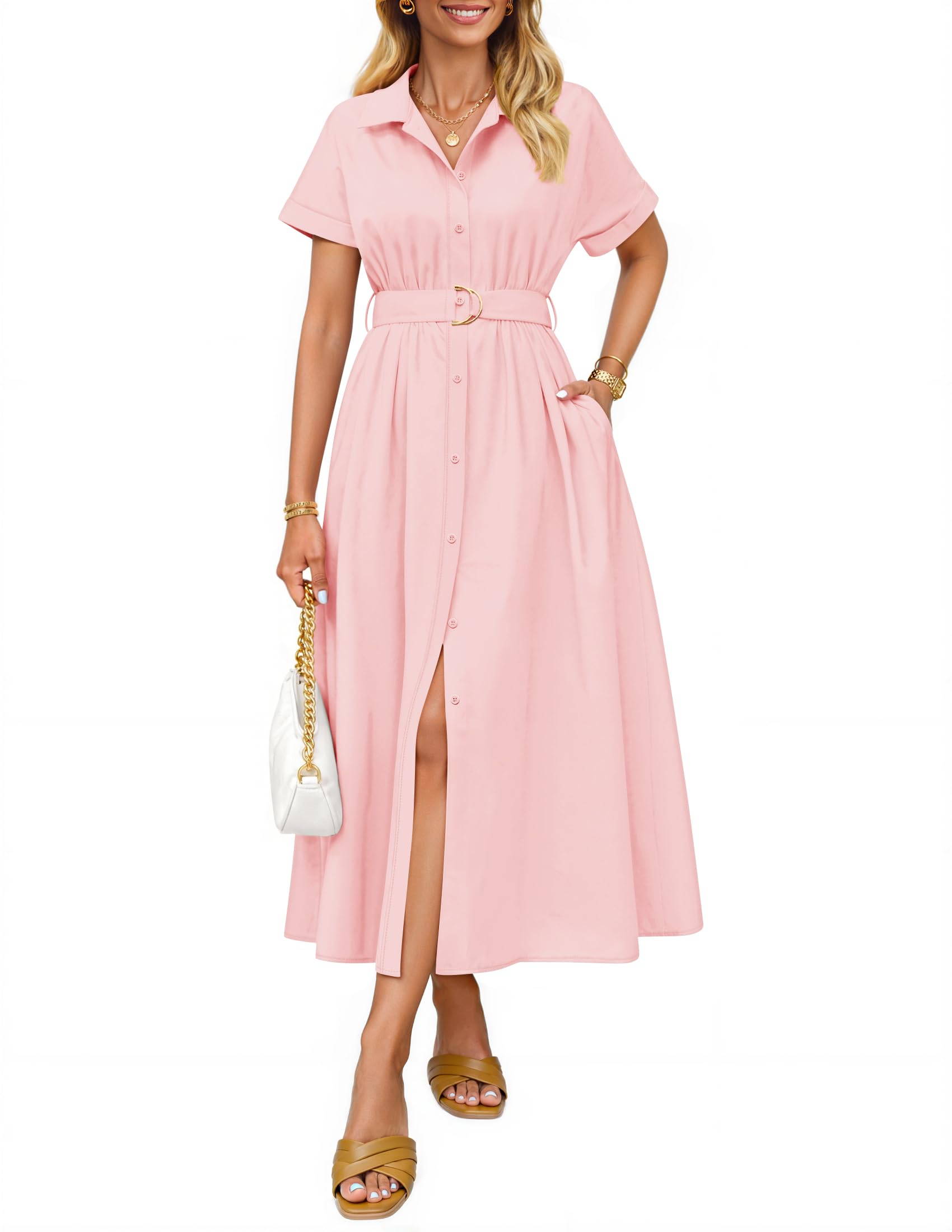 Luxuii Button Down A Line Belt Buiness Casual Shirt Dresses