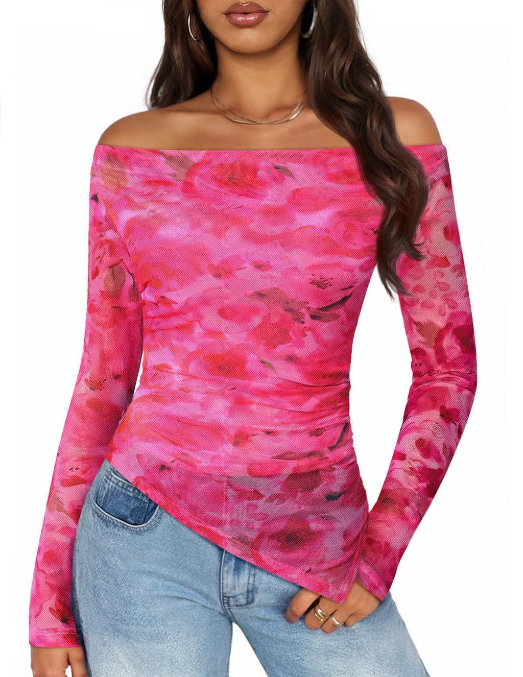 Luxuii Double Lined Sexy Long Sleeve Going Out Tops Floral Mesh Shirts