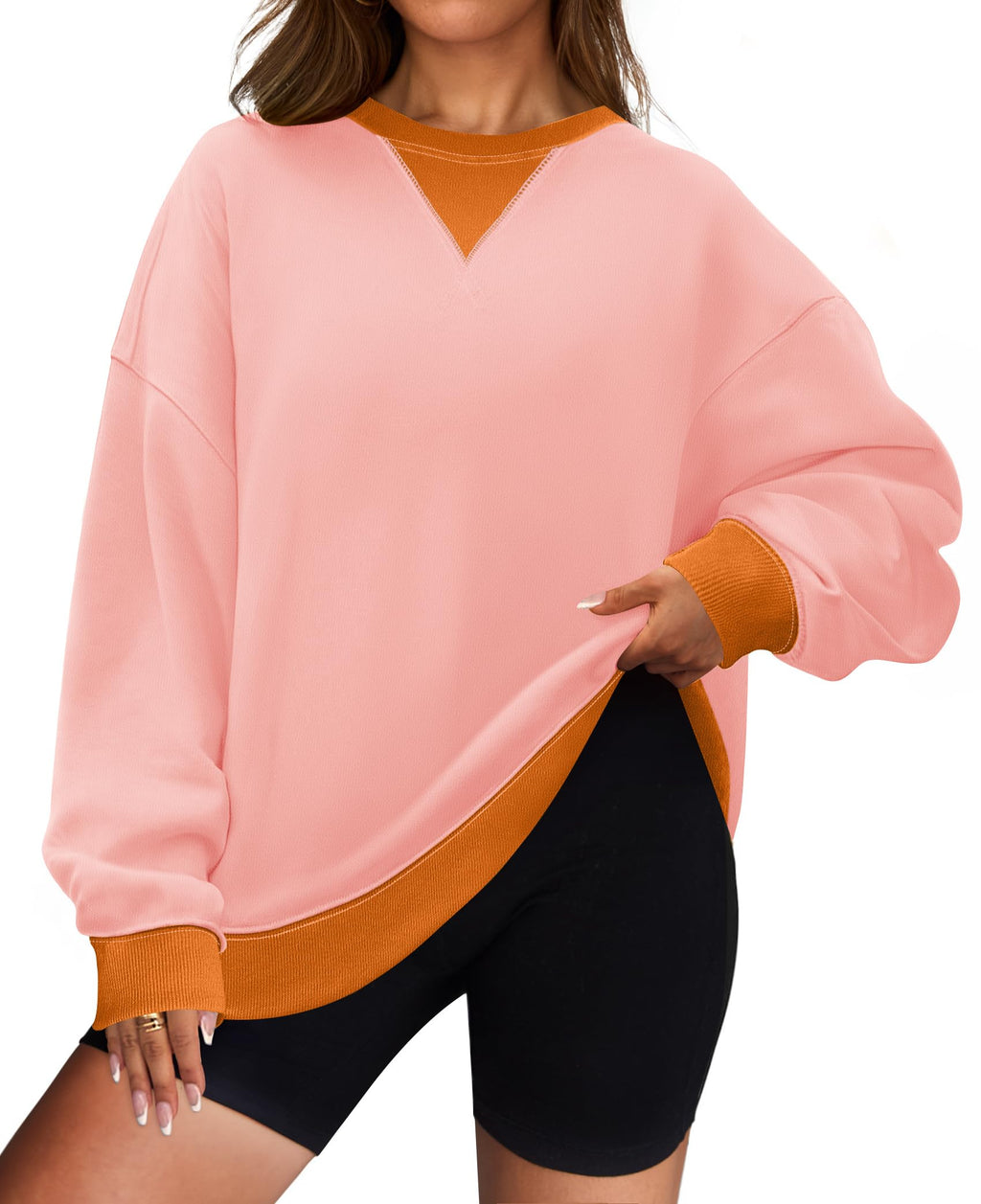 Luxuii Womens Crewneck Color Block Oversized Long Sleeve Pullover Tops Fall Clothes