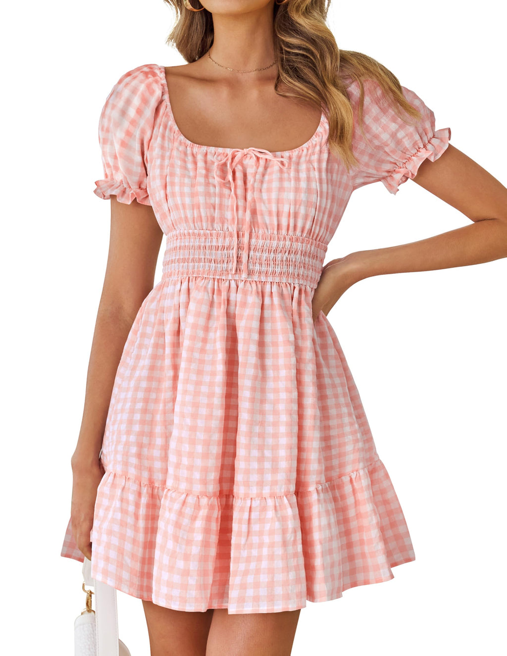 Luxuii Square Neck Puff Sleeve Plaid Ruffle Flowy Smocked Dresses