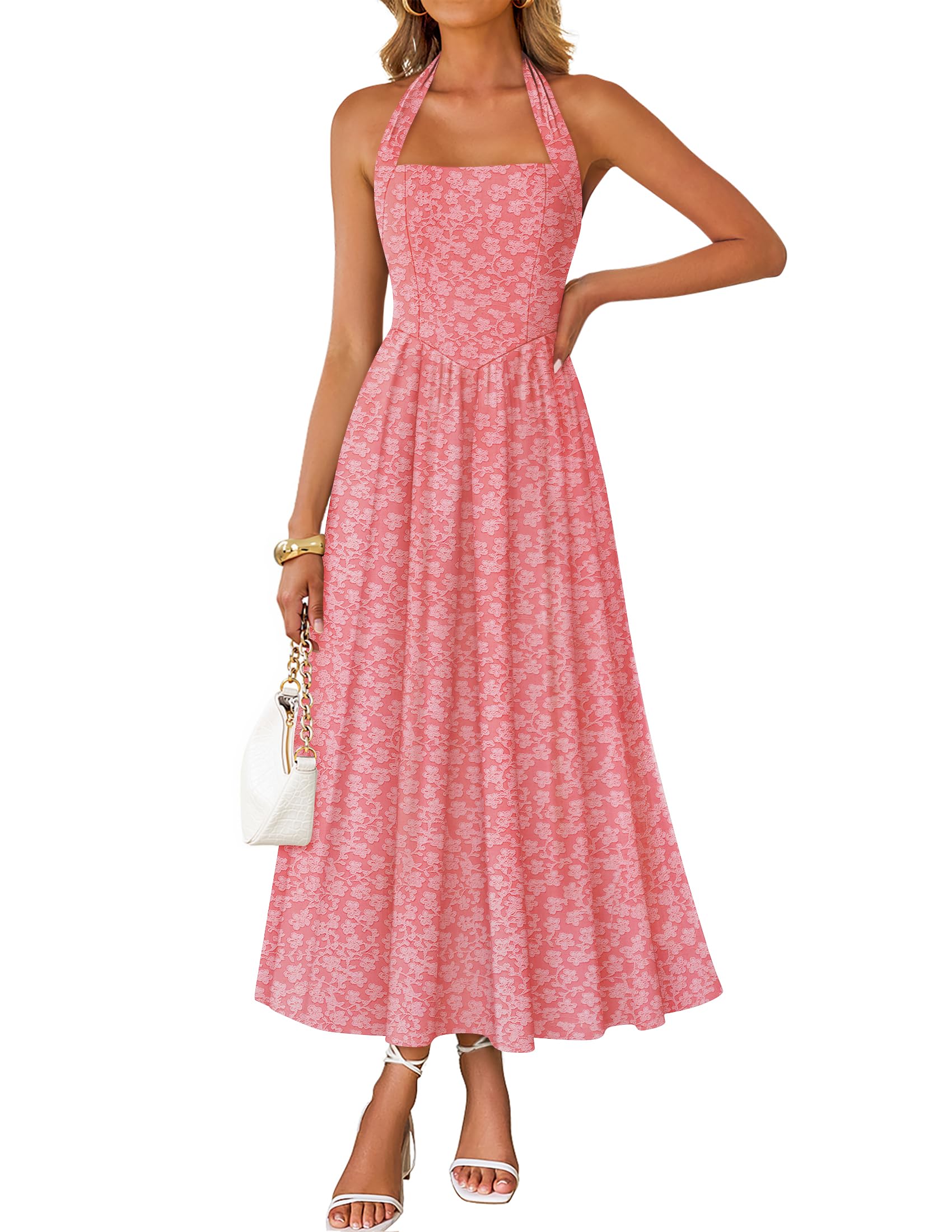 Luxuii Sleeveless Floral Halter Neck Wedding Flowy A Line Long Dress