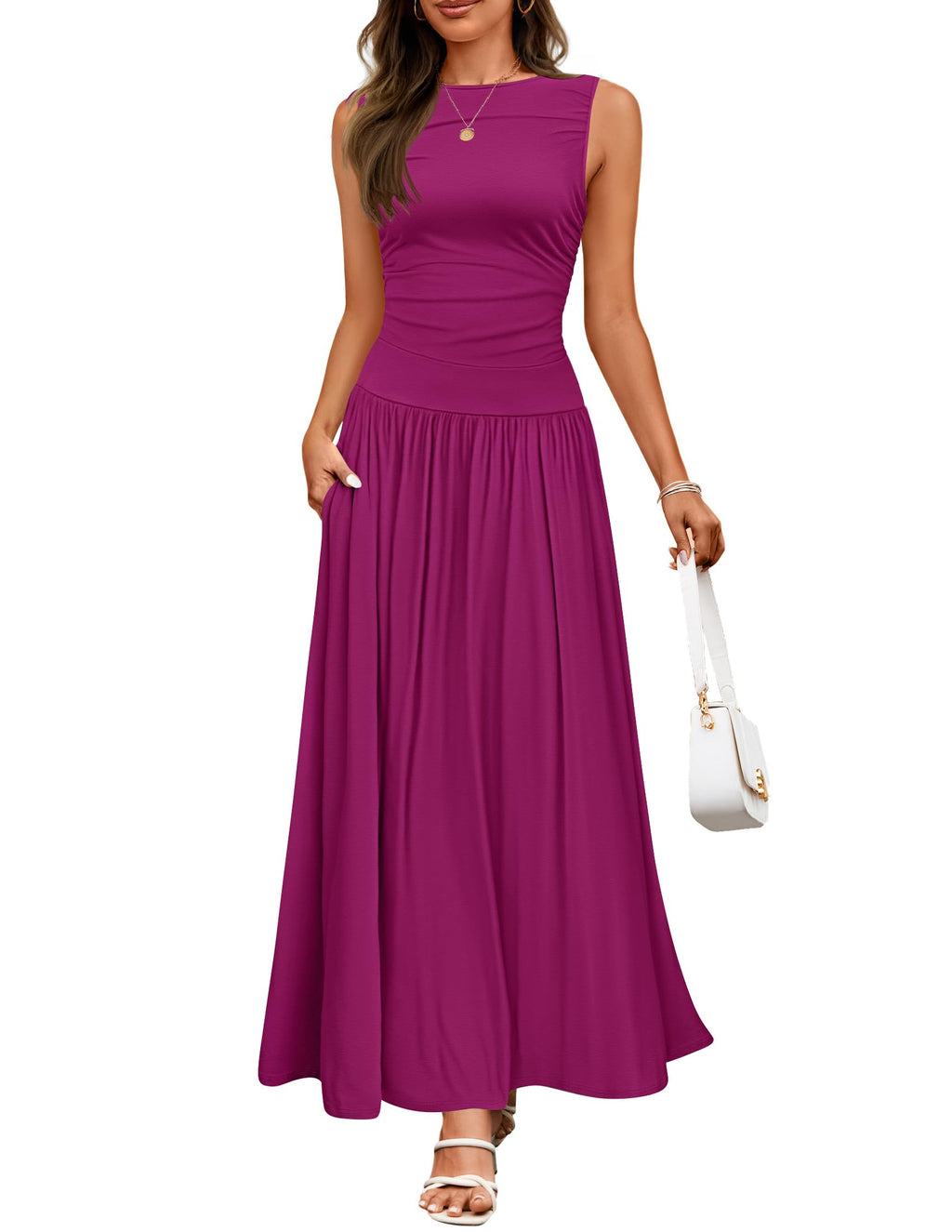 Luxuii Casual Crewneck Pleated Flowy Long Dress with Pockets