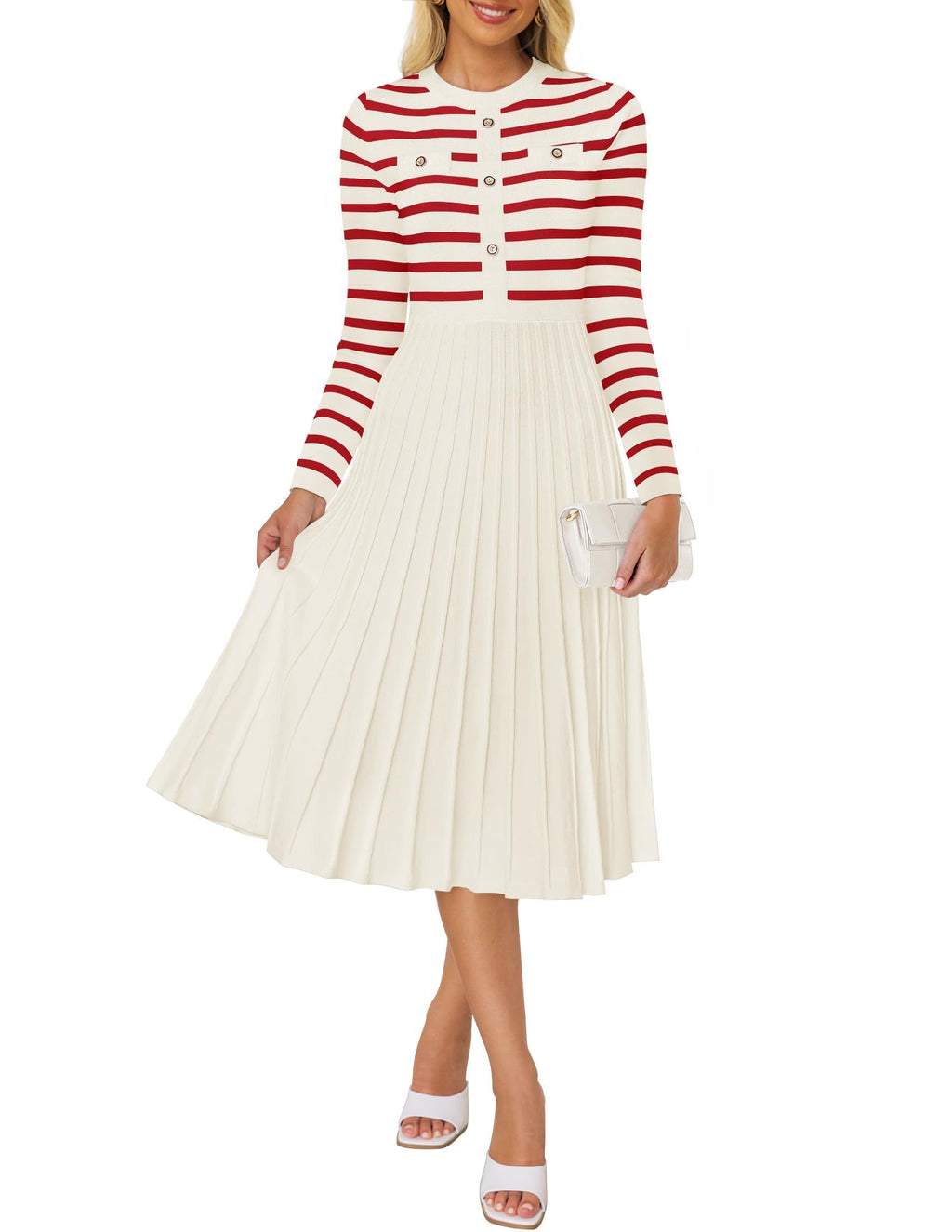 Luxuii Striped Crewneck Button Ribbed Knit Sweater Dress
