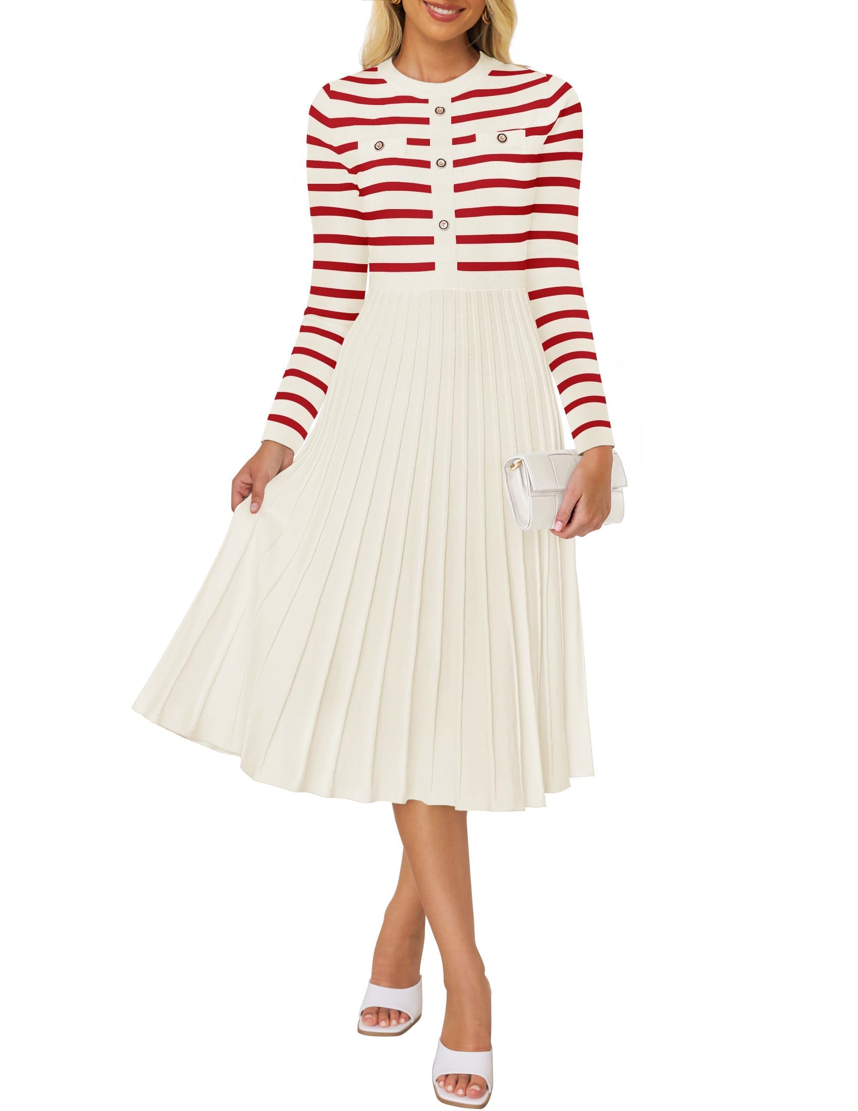 Luxuii Striped Crewneck Button Ribbed Knit Sweater Dress