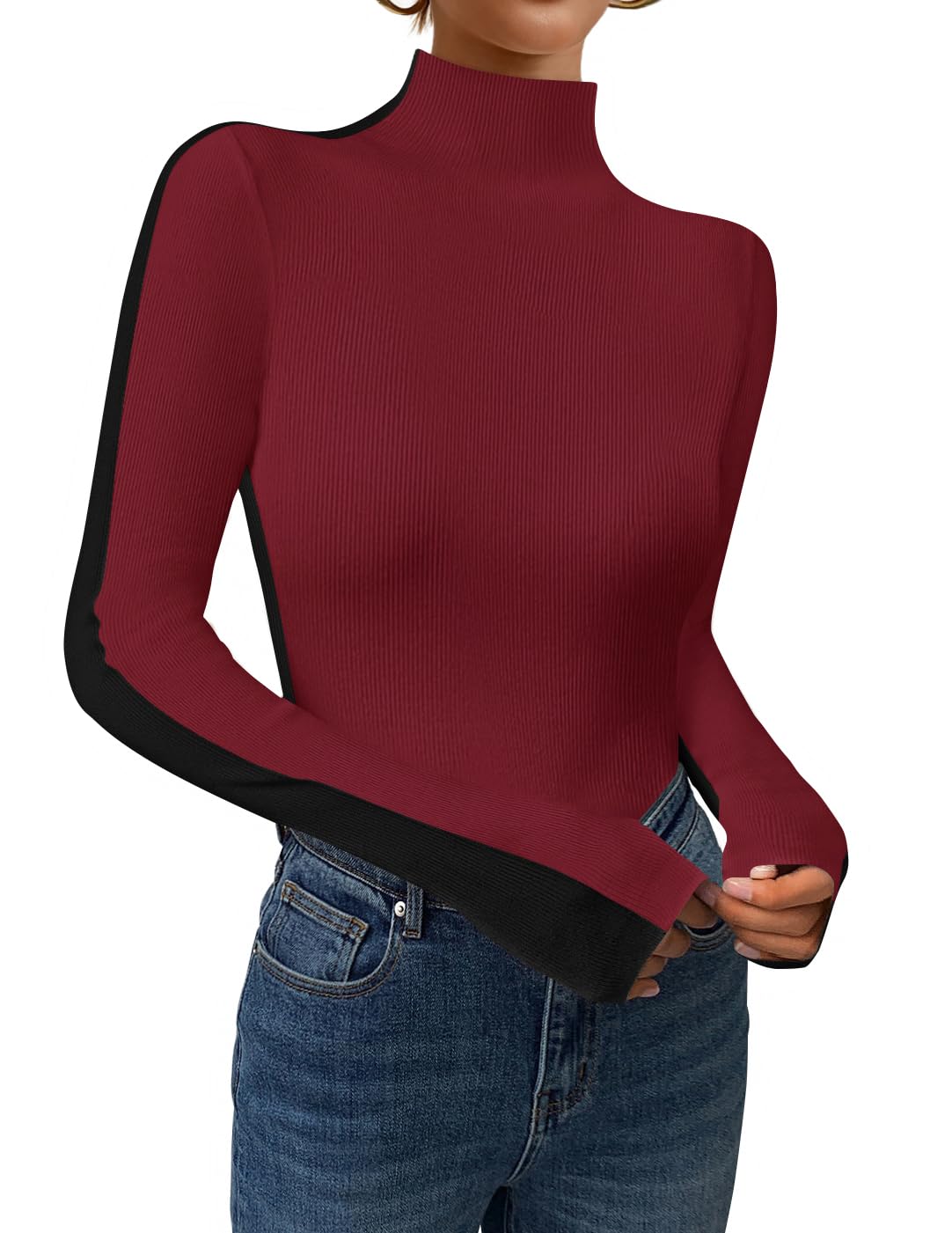 Luxuii Color Block Ribbed Knit Shirts Basic Slim Fit Pullover Tops