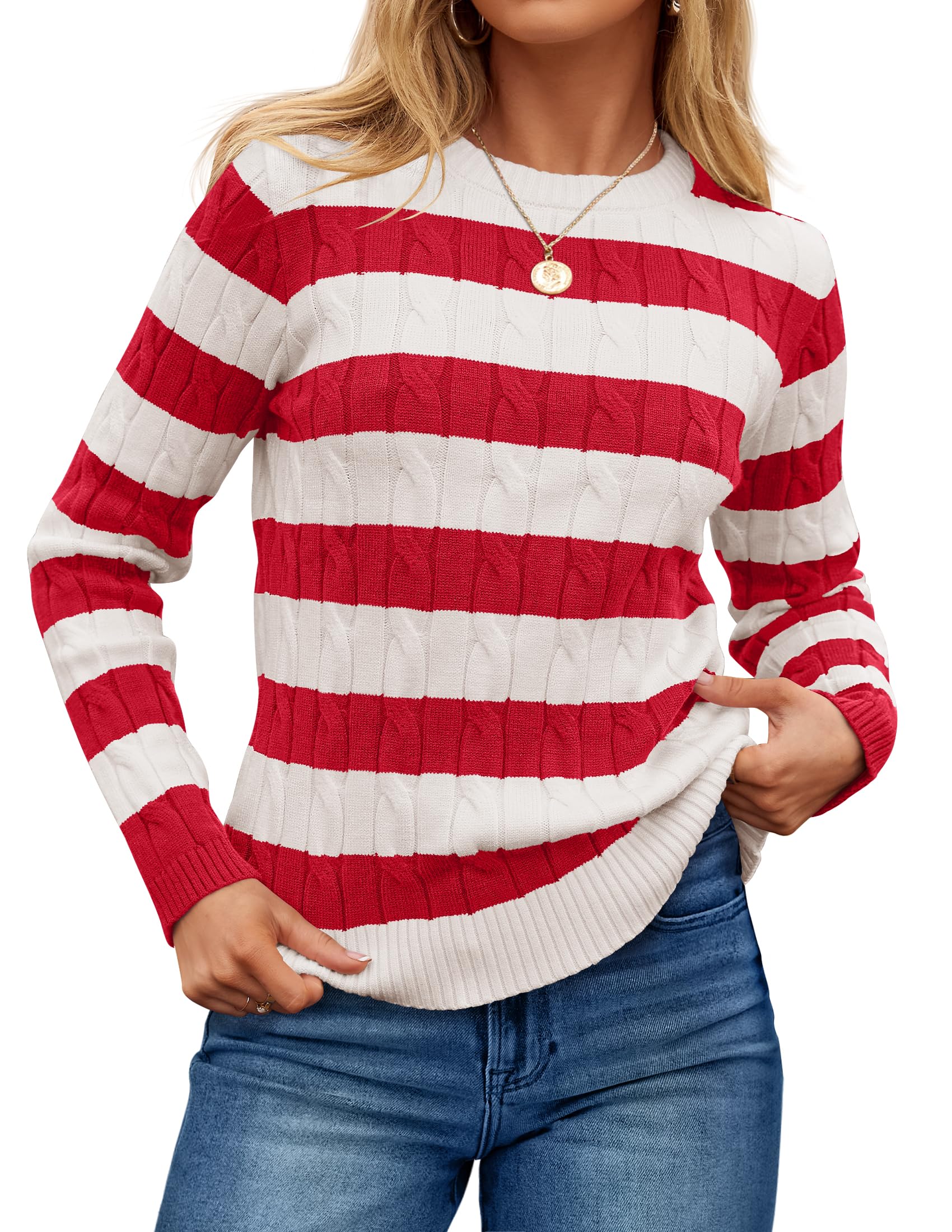 Luxuii Casual Striped Cable Knit Loose Chunky Pullover Sweater