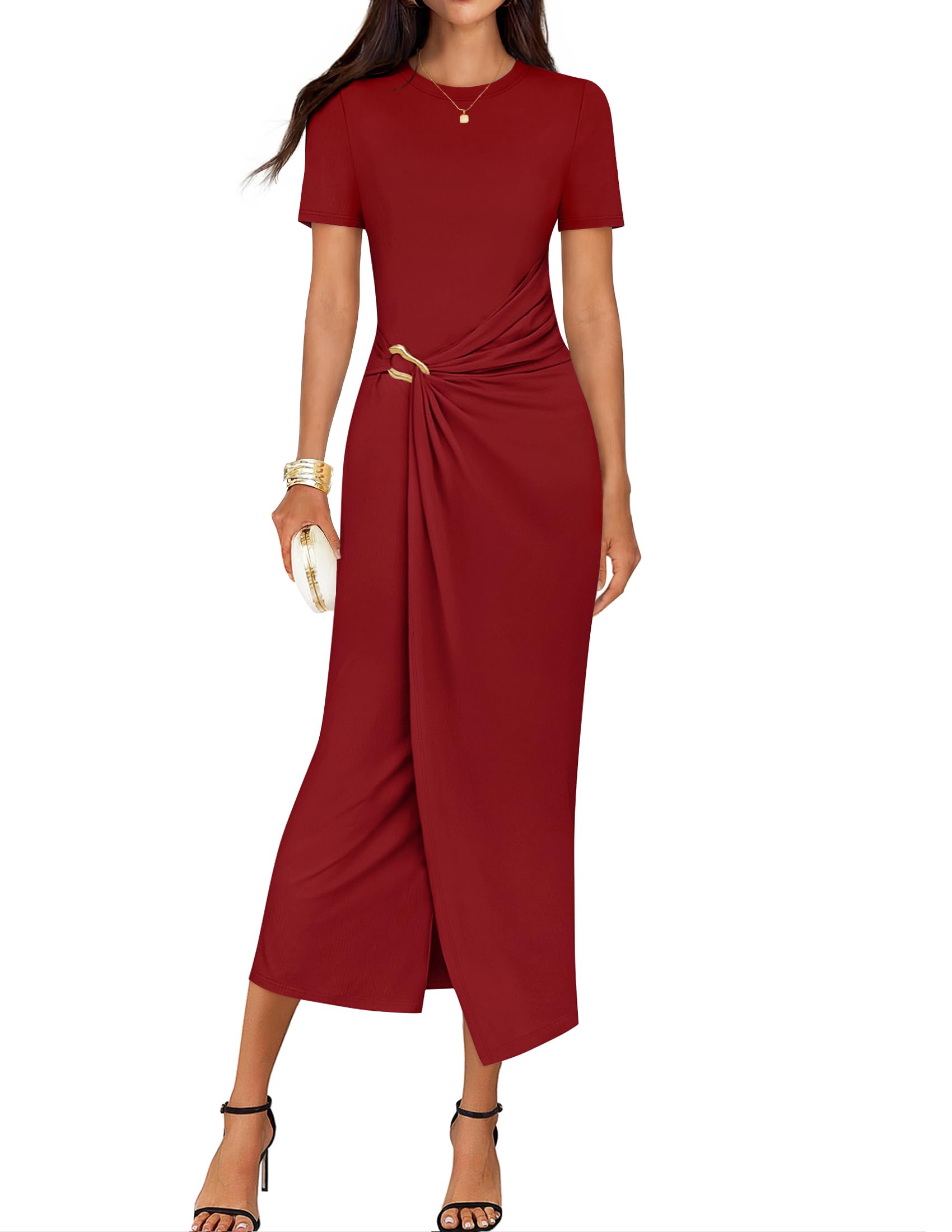 Luxuii Bodycon Crewneck Ruched Wedding Guest Cocktail Party Long Dresses