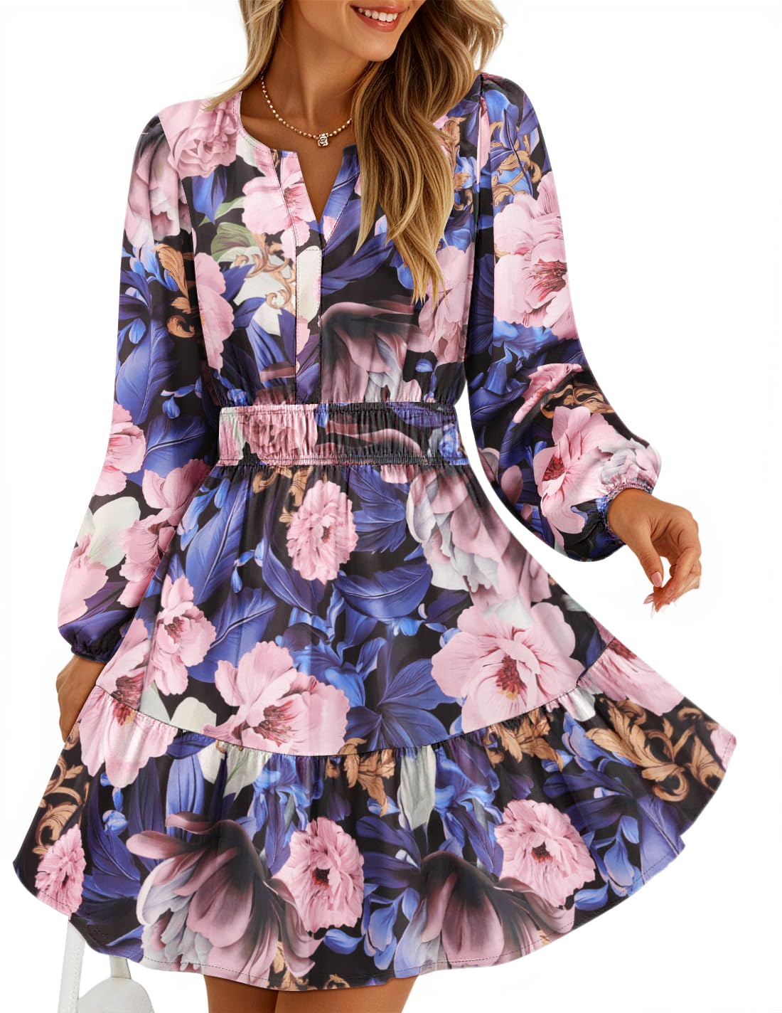 Luxuii Floral V Neck Smocked A Line Flowy Boho Mini Dresses