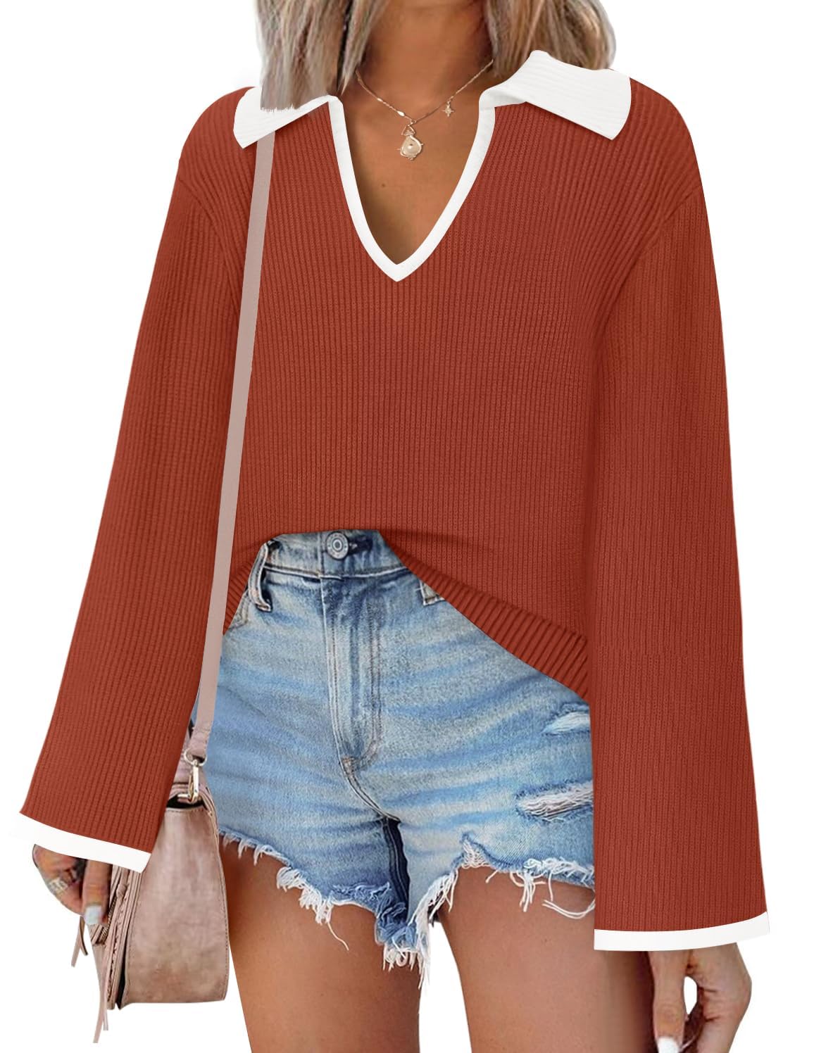 Luxuii V Neck Sweater Oversized Collared Knit Pullover Jumper Top