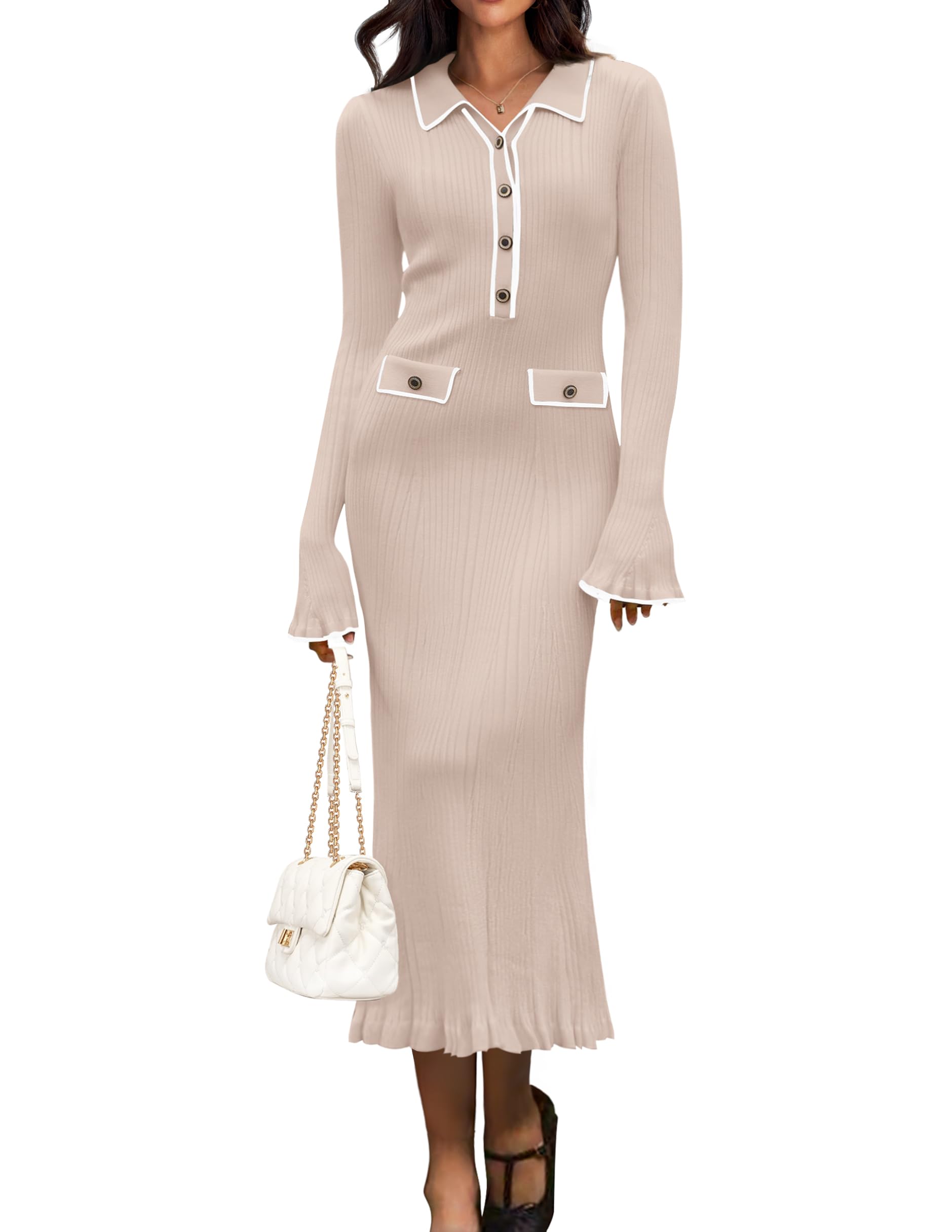Luxuii Ribbed Button V Neck Elegant Trendy Ruffle Midi Dresses