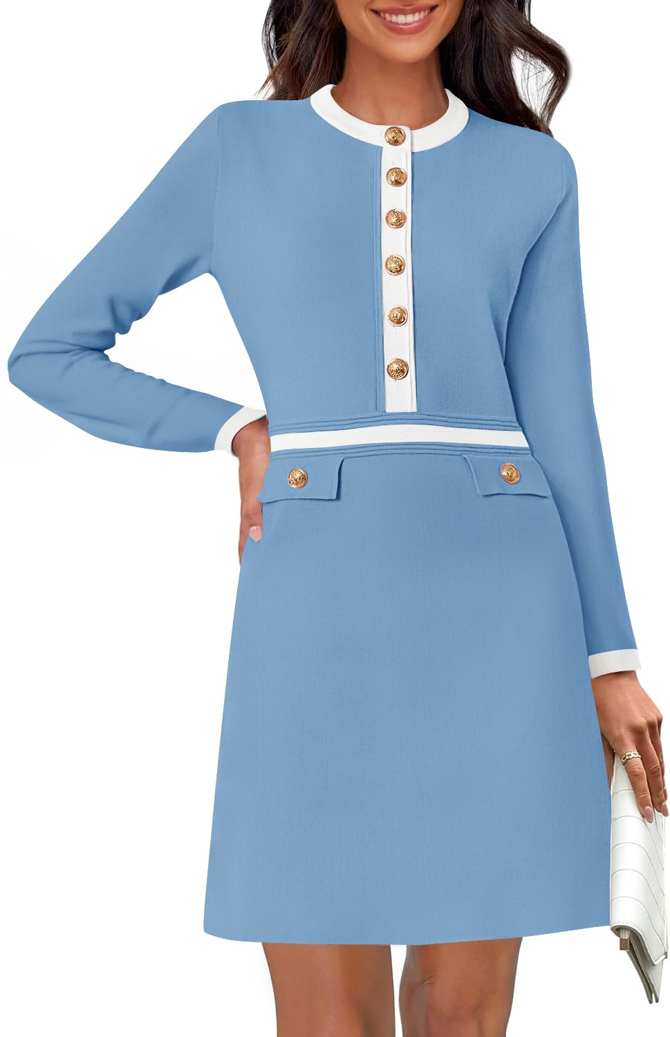 Luxuii Crewneck Button Knit Color Block Party Mini Dresses