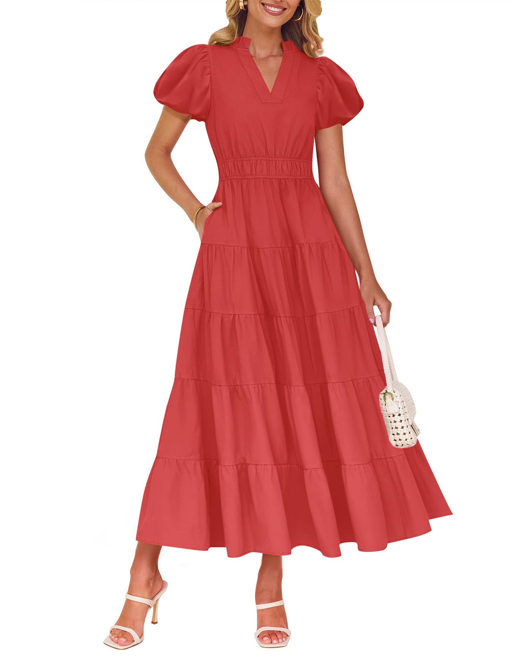 Luxuii Puff Short Sleeve V Neck Ruffle Tiered Flowy Boho Dresses