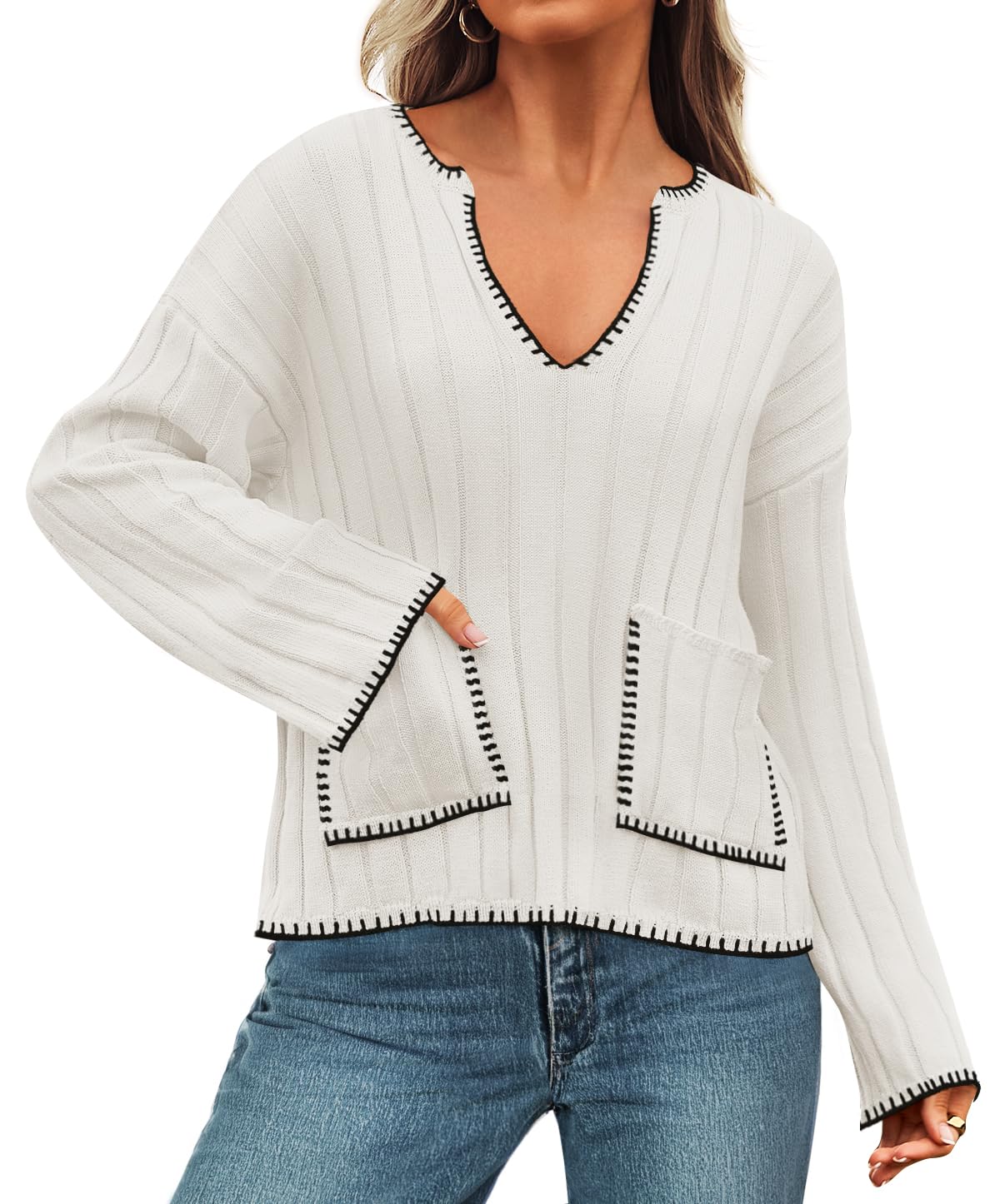 Luxuii Women's Ribbed V Neck Long Sleeve Sweaters