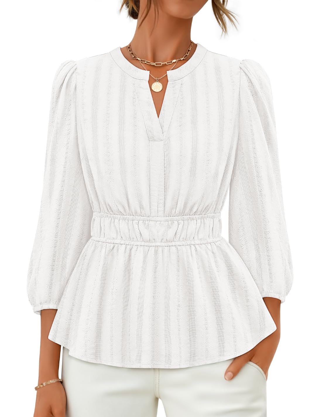 Luxuii 3/4 Length Sleeve V Neck Peplum Blouses Dressy Work Shirts