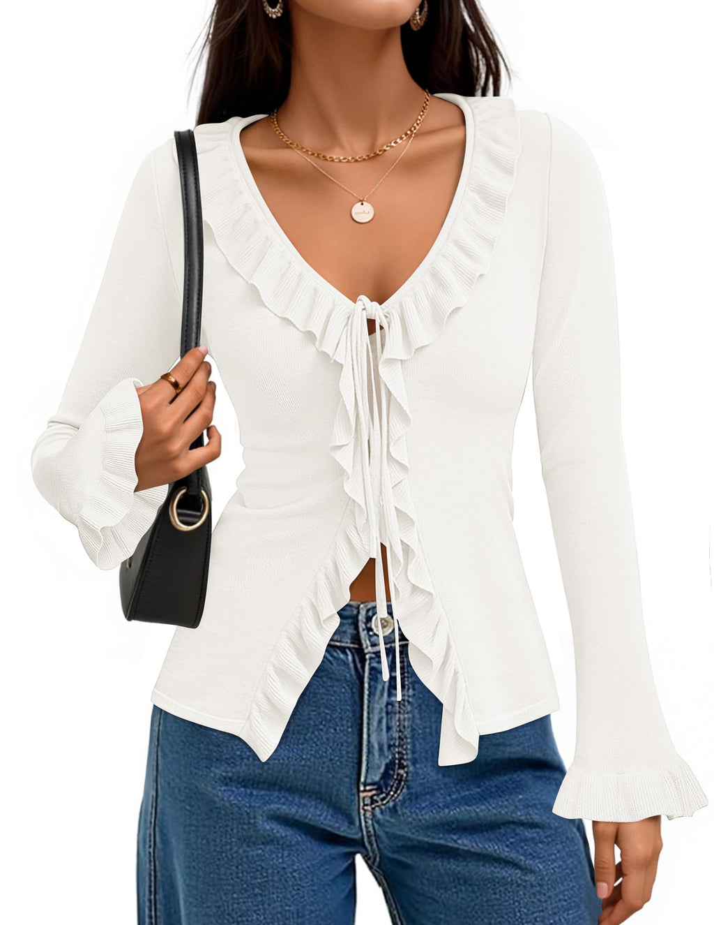 Luxuii Fall Tie Front Bow Bell V Neck Ruffled Knit Cropped Trendy Tops