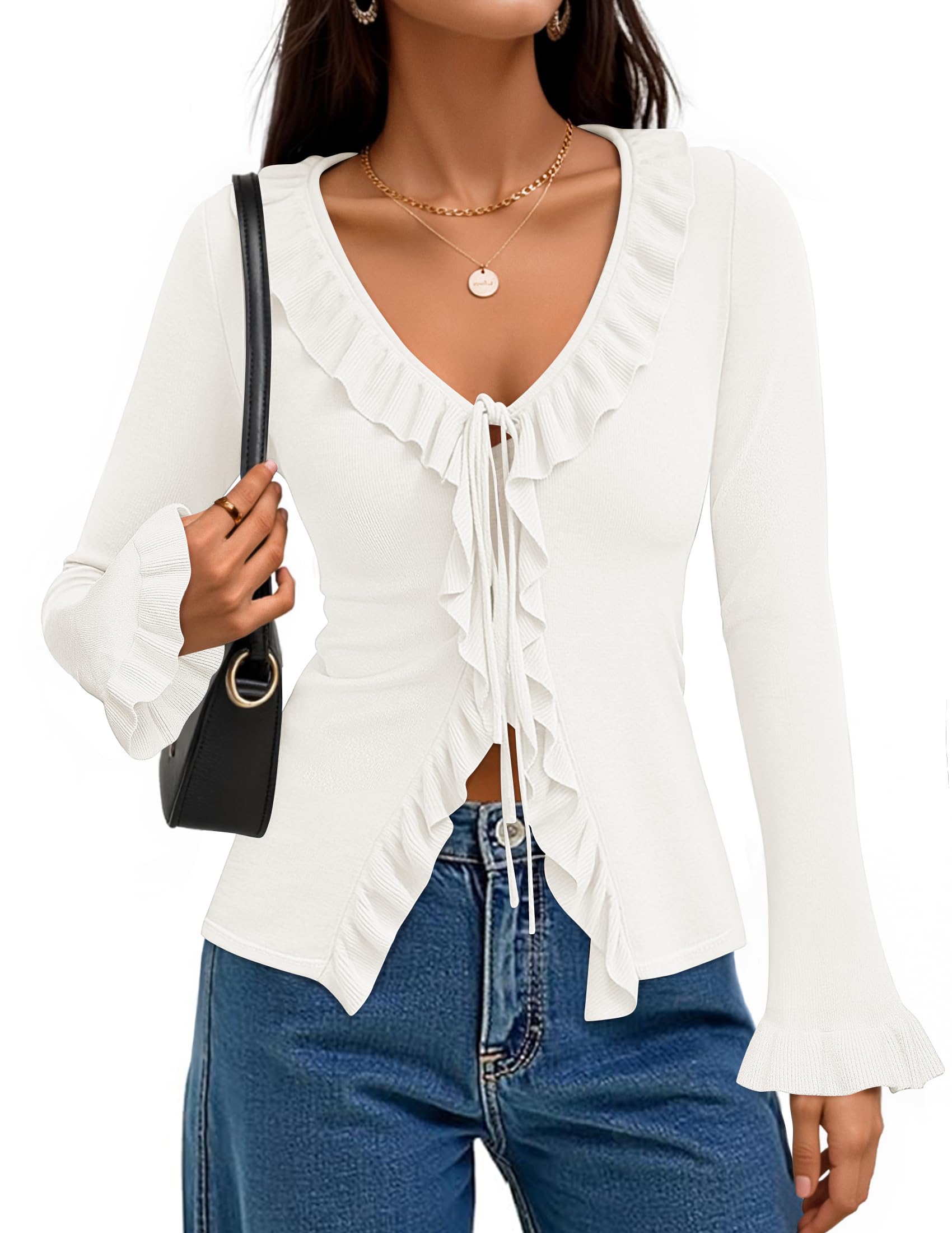 Luxuii Fall Tie Front Bow Bell V Neck Ruffled Knit Cropped Trendy Tops