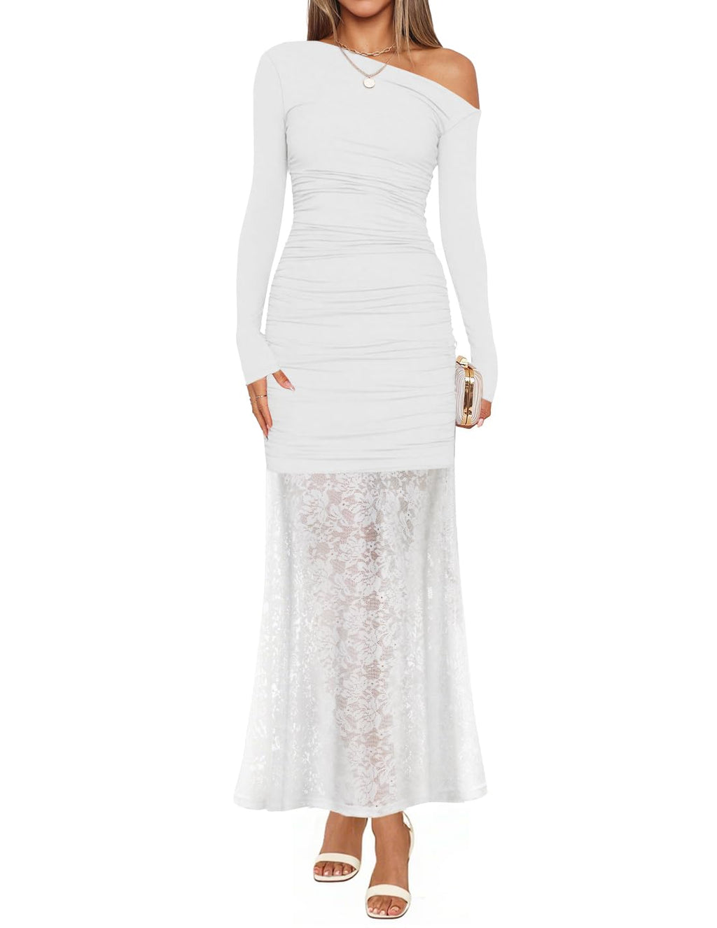 Luxuii Off Shoulder Bodycon Ruched Lace Wedding Guest Cocktail Dress