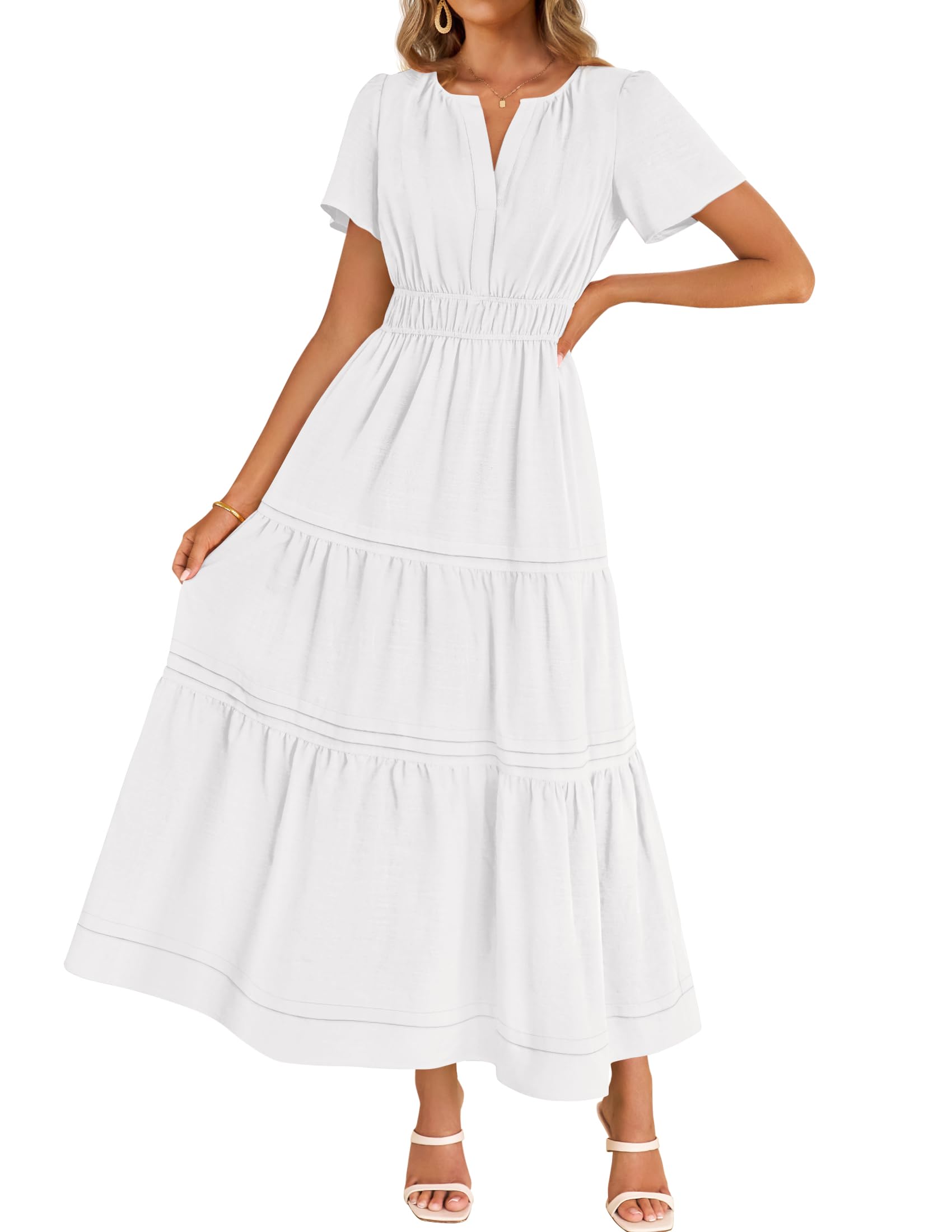 Luxuii Short Sleeve V Neck Elastic Waist Tiered Flowy Boho Dress