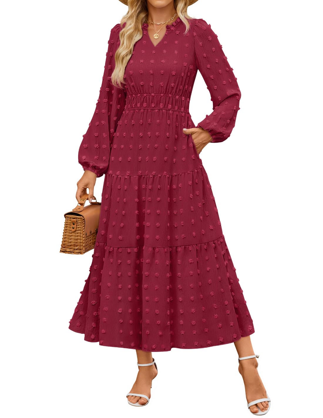 Luxuii Boho V Neck Swiss Dot Tiered Flowy Swing Dress