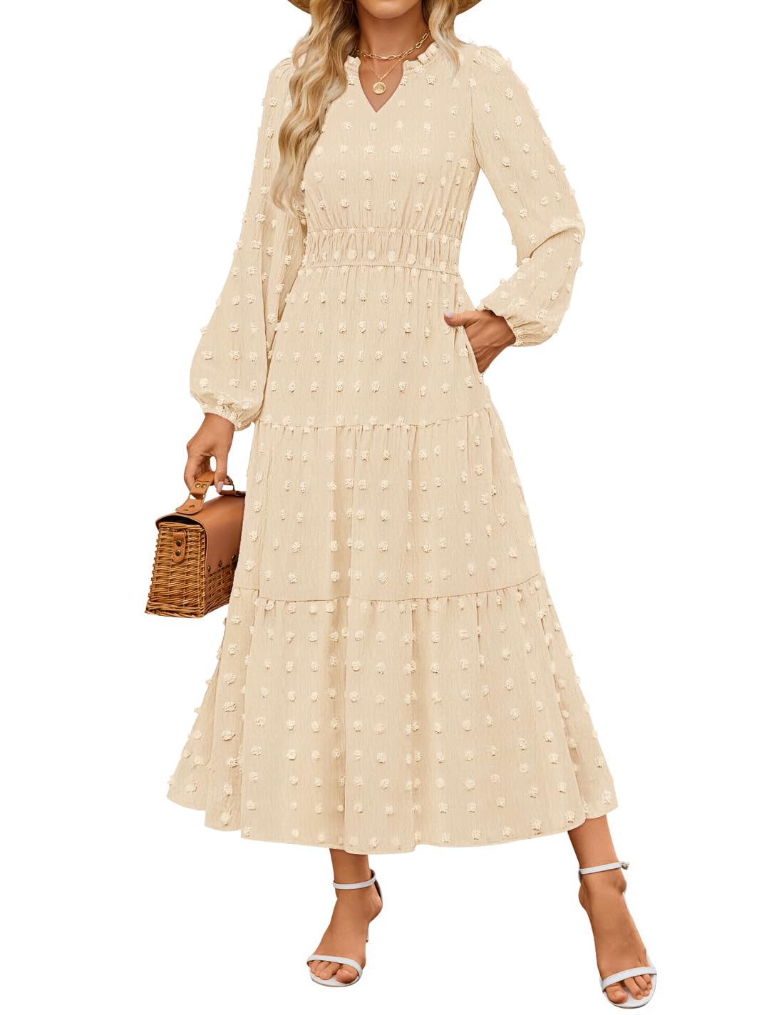 Luxuii Boho V Neck Swiss Dot Tiered Flowy Swing Dress