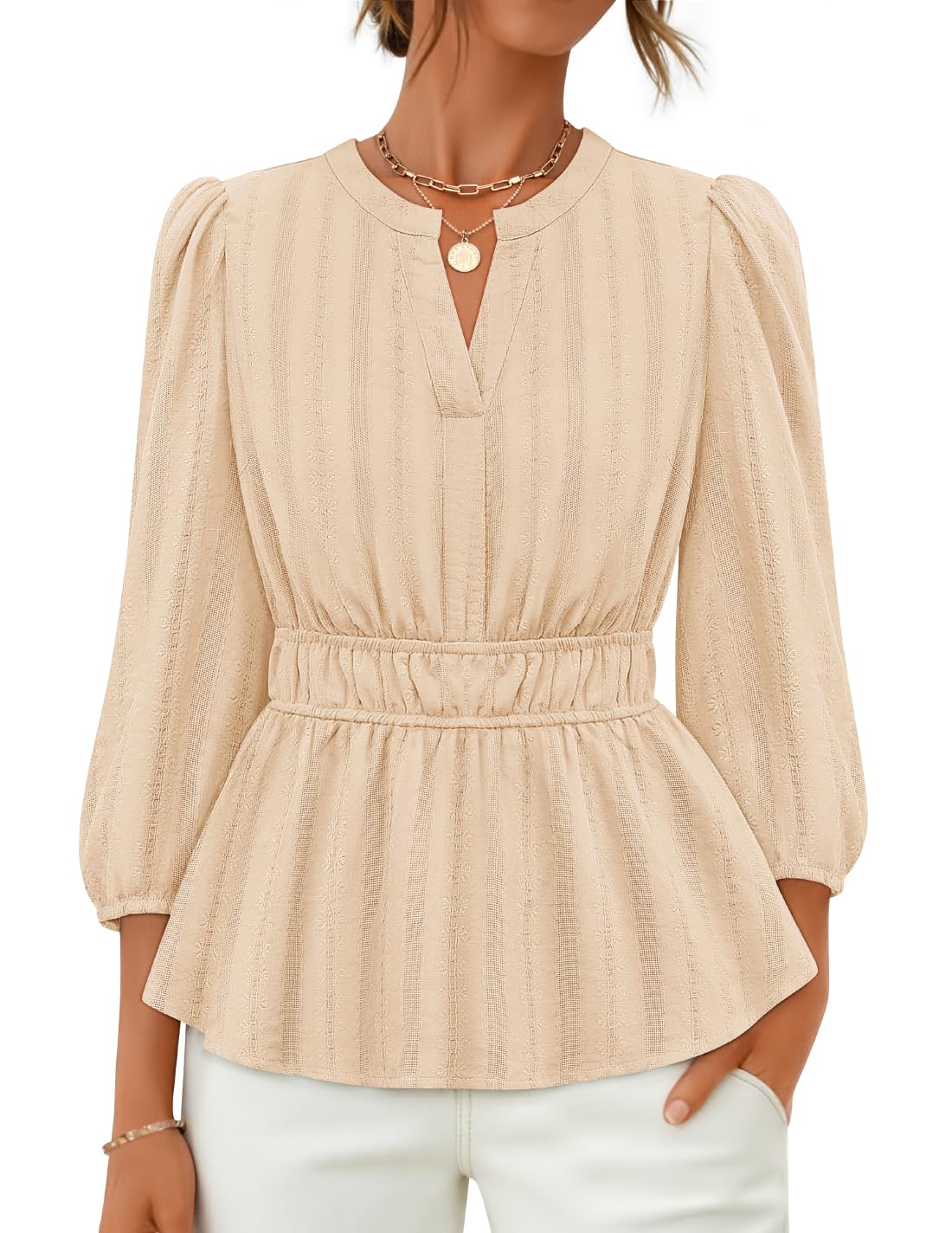 Luxuii 3/4 Length Sleeve V Neck Peplum Blouses Dressy Work Shirts