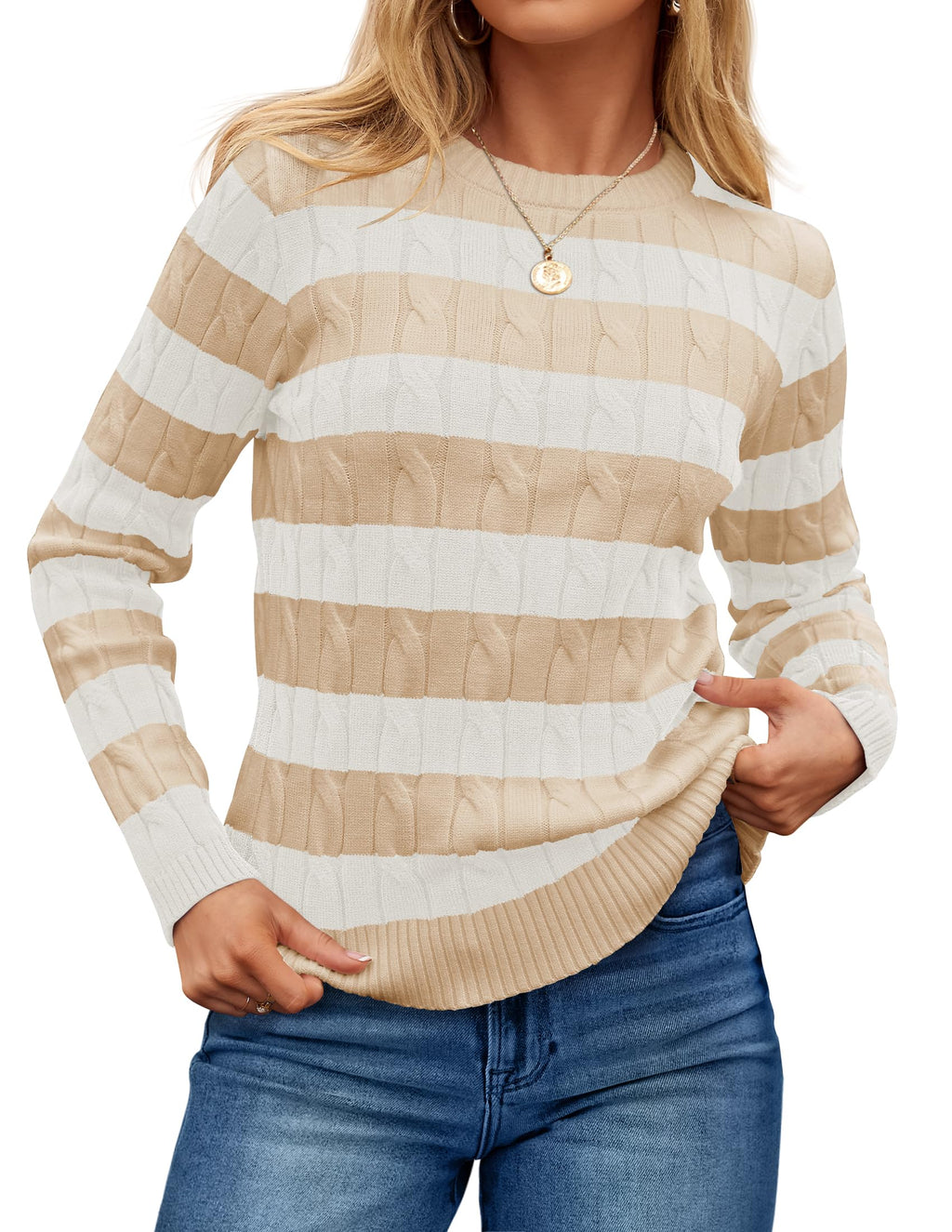 Luxuii Casual Striped Cable Knit Loose Chunky Pullover Sweater