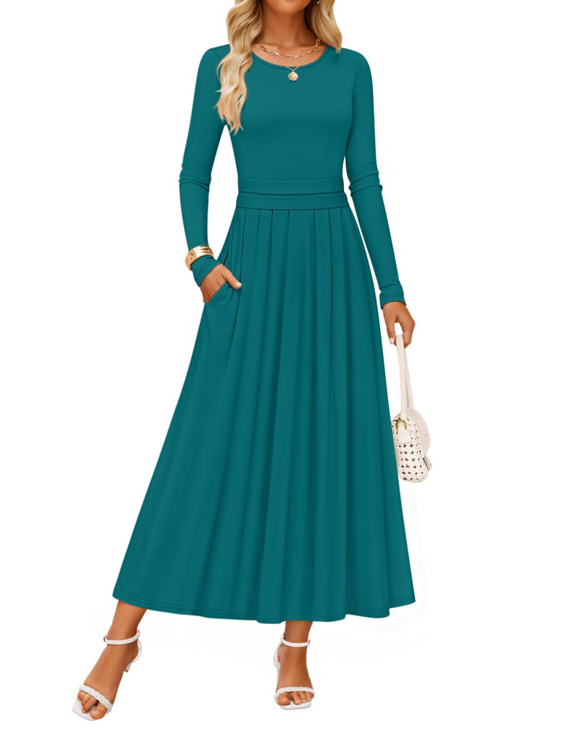Luxuii Elegant Crewneck Knit High Wasit Pleated Flowy A Line Dresses