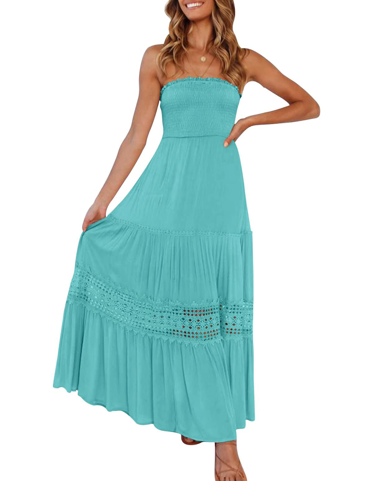 Luxuii Bohemian Strapless Lace Trim Backless Maxi Dress