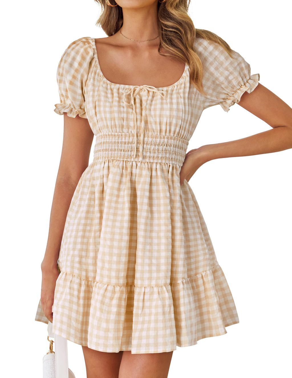 Luxuii Square Neck Puff Sleeve Plaid Ruffle Flowy Smocked Dresses