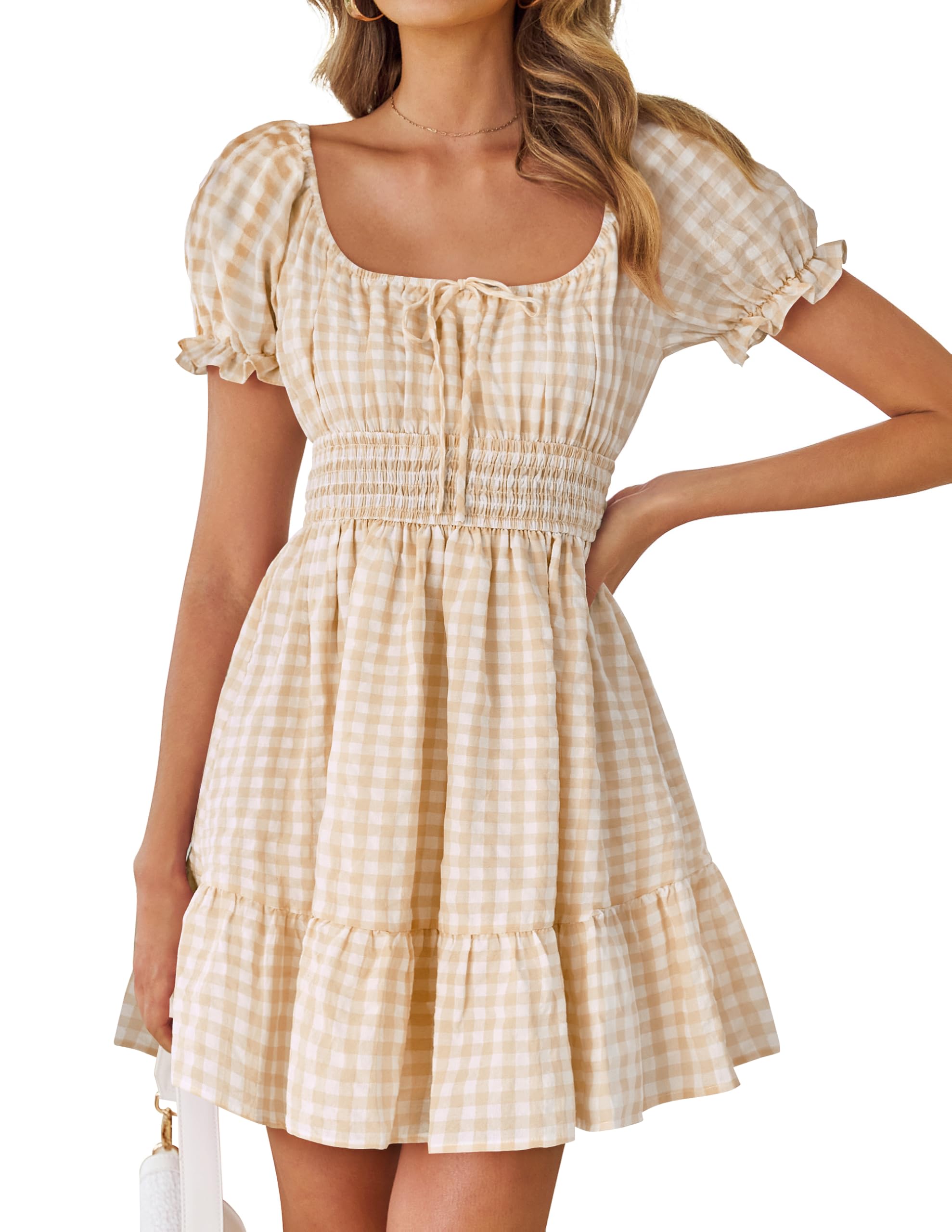 Luxuii Square Neck Puff Sleeve Plaid Ruffle Flowy Smocked Dresses