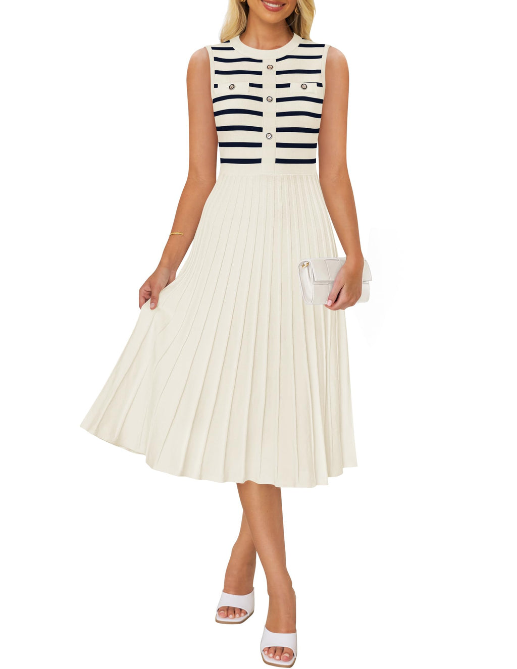 Luxuii Sleeveless Striped Crewneck Button Knit Swing Pleated Midi Dress