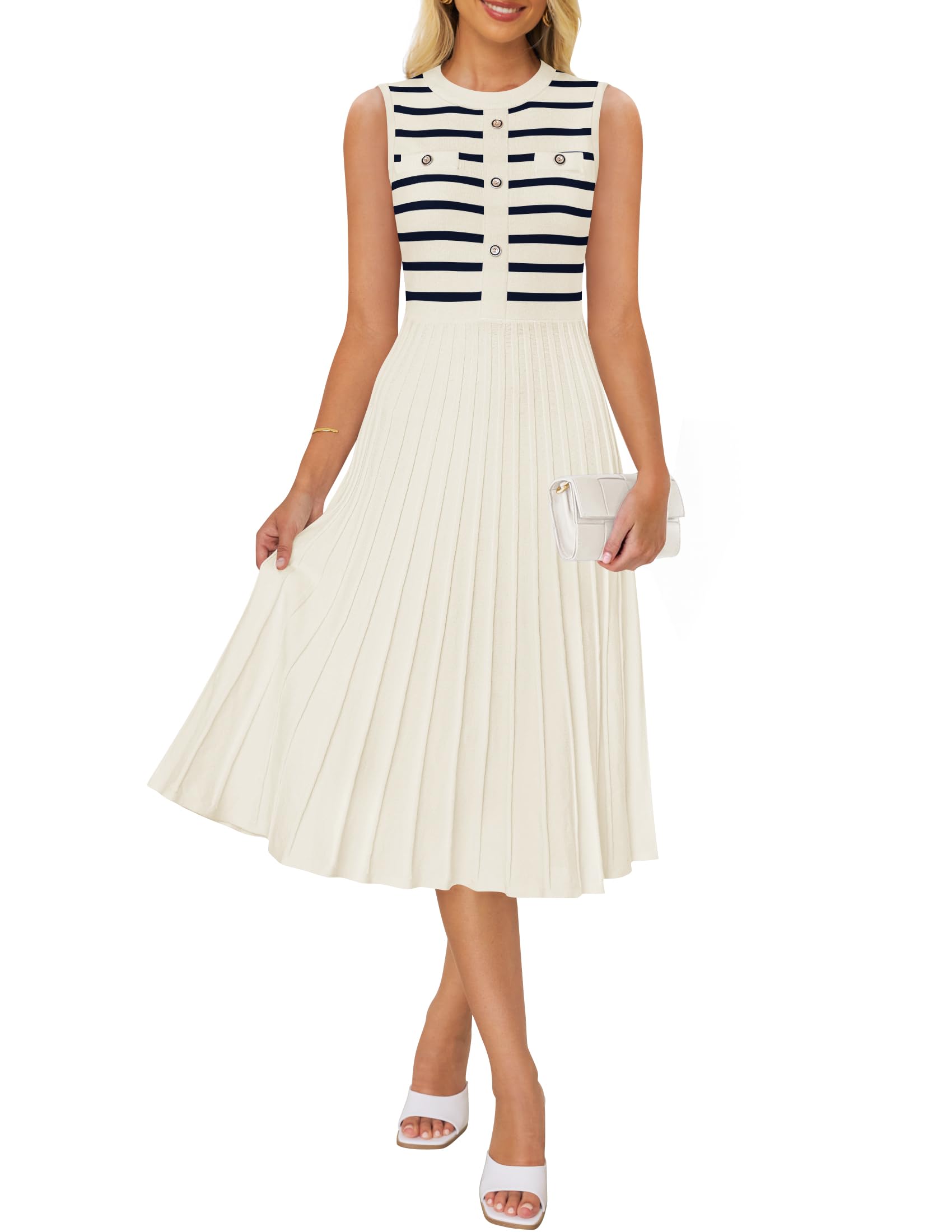 Luxuii Sleeveless Striped Crewneck Button Knit Swing Pleated Midi Dress
