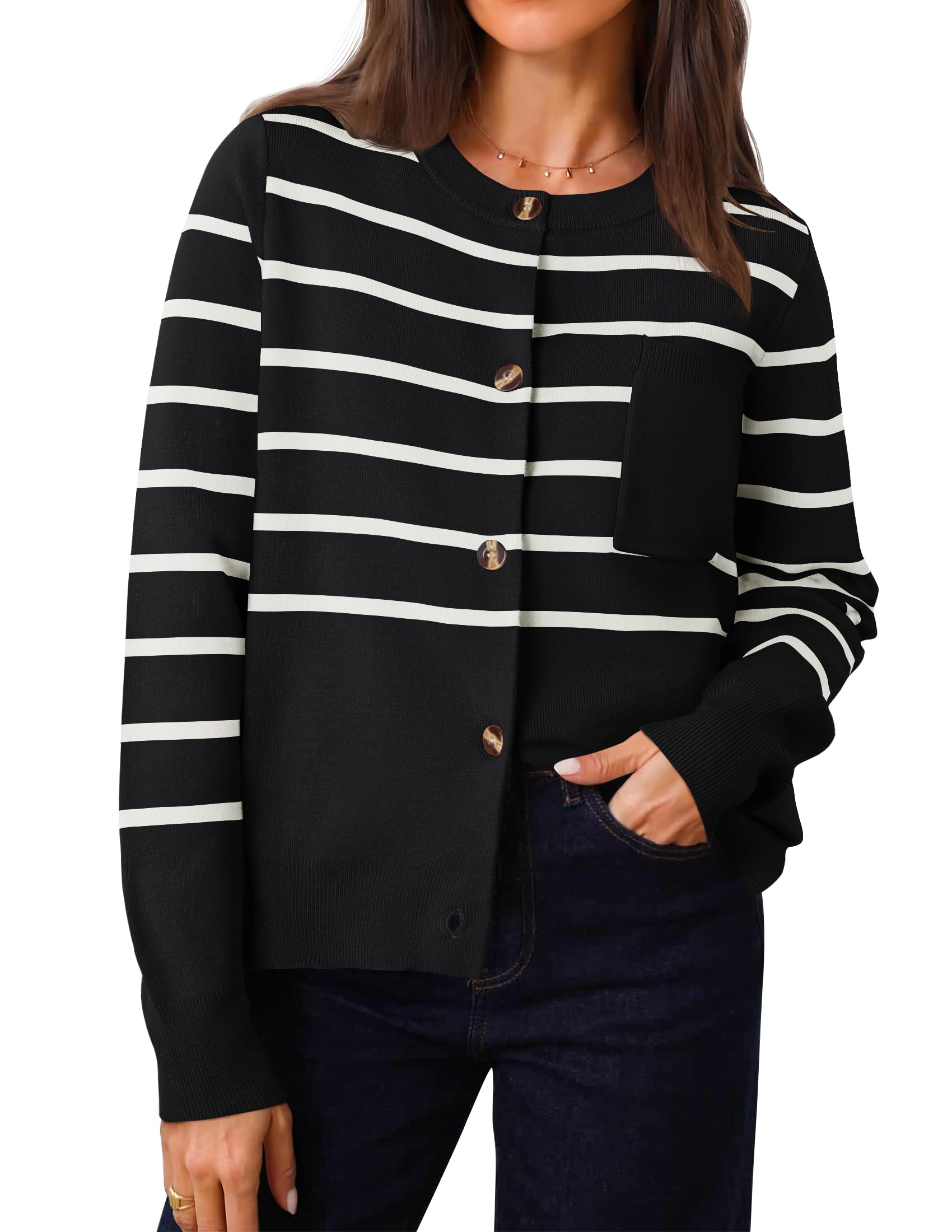 Luxuii Striped Open Front Button Down Knit Outerwear Coat