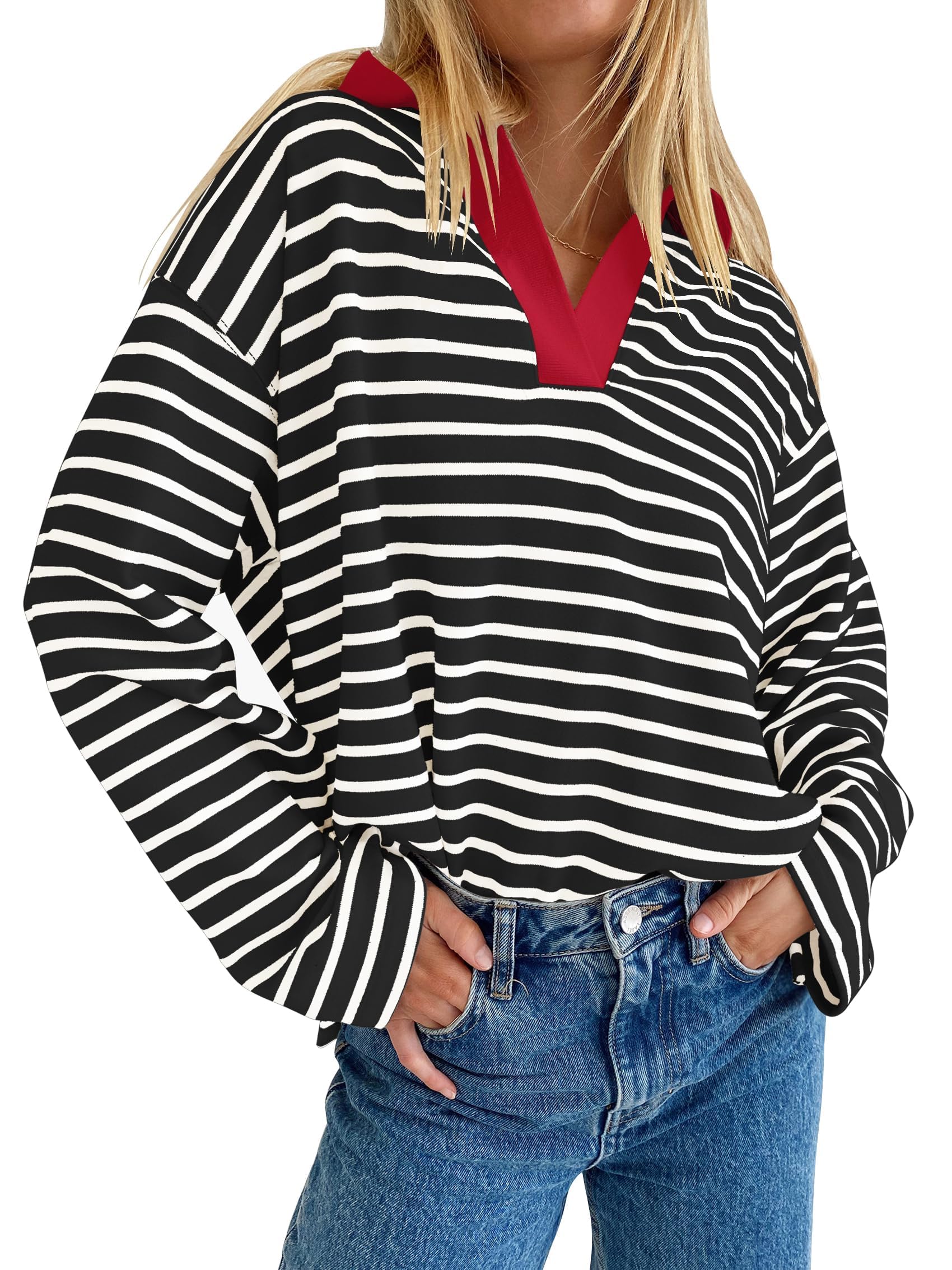 Luxuii Striped V Neck Oversized Sweatshirt Loose Fit Tunic Tops