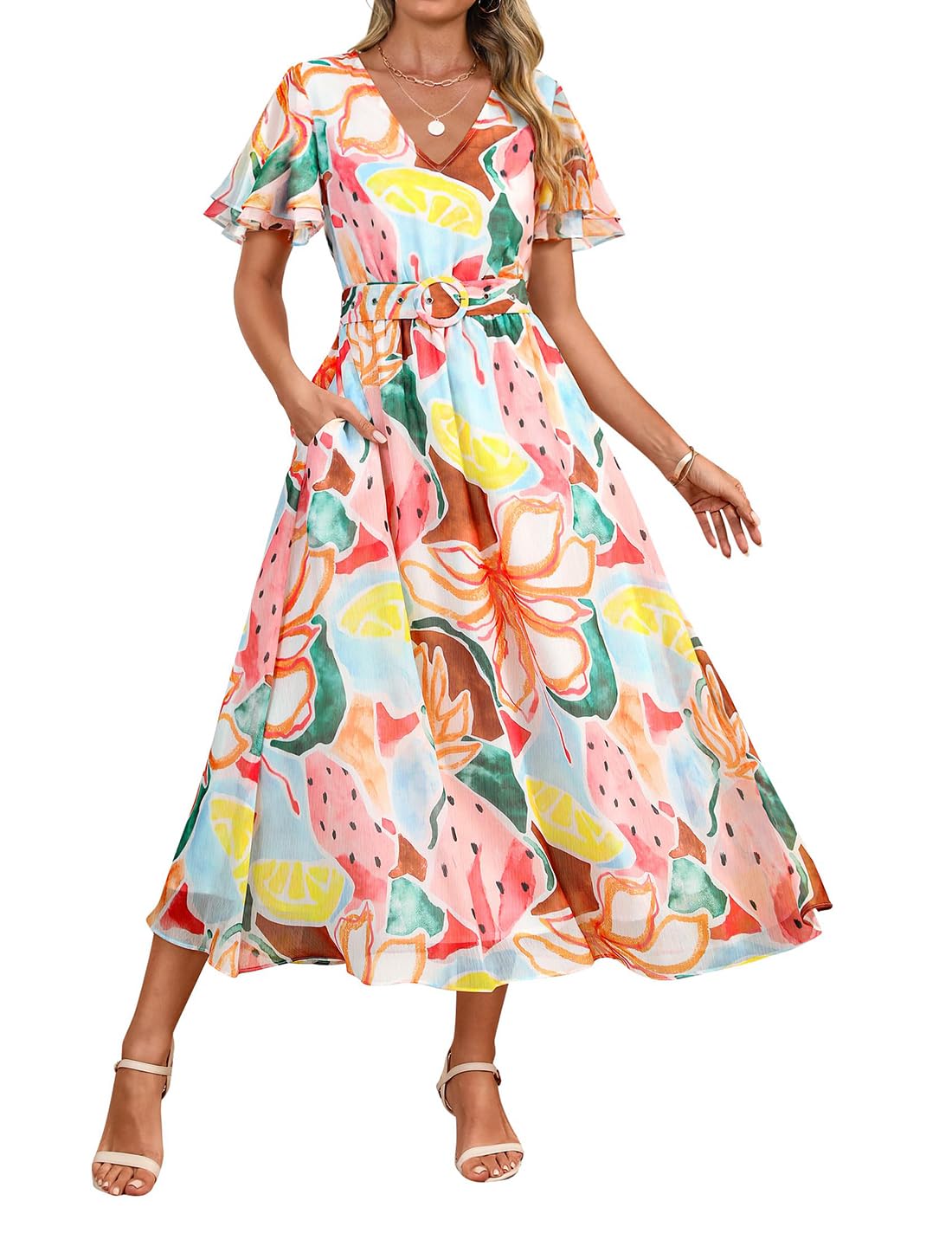 Luxuii Floral Print Short Sleeve V Neck High Waist Flowy Dress