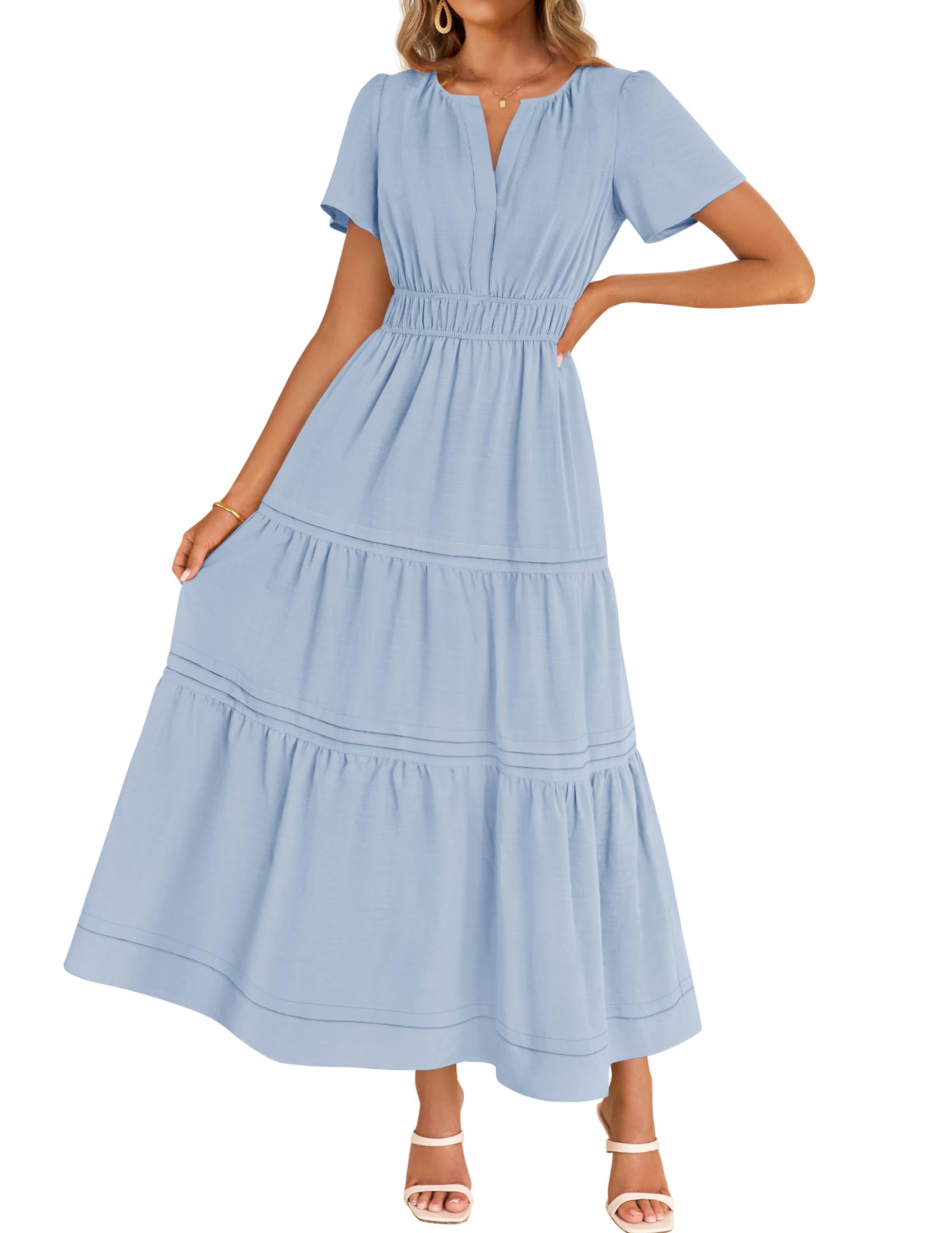 Luxuii Short Sleeve V Neck Elastic Waist Tiered Flowy Boho Dress