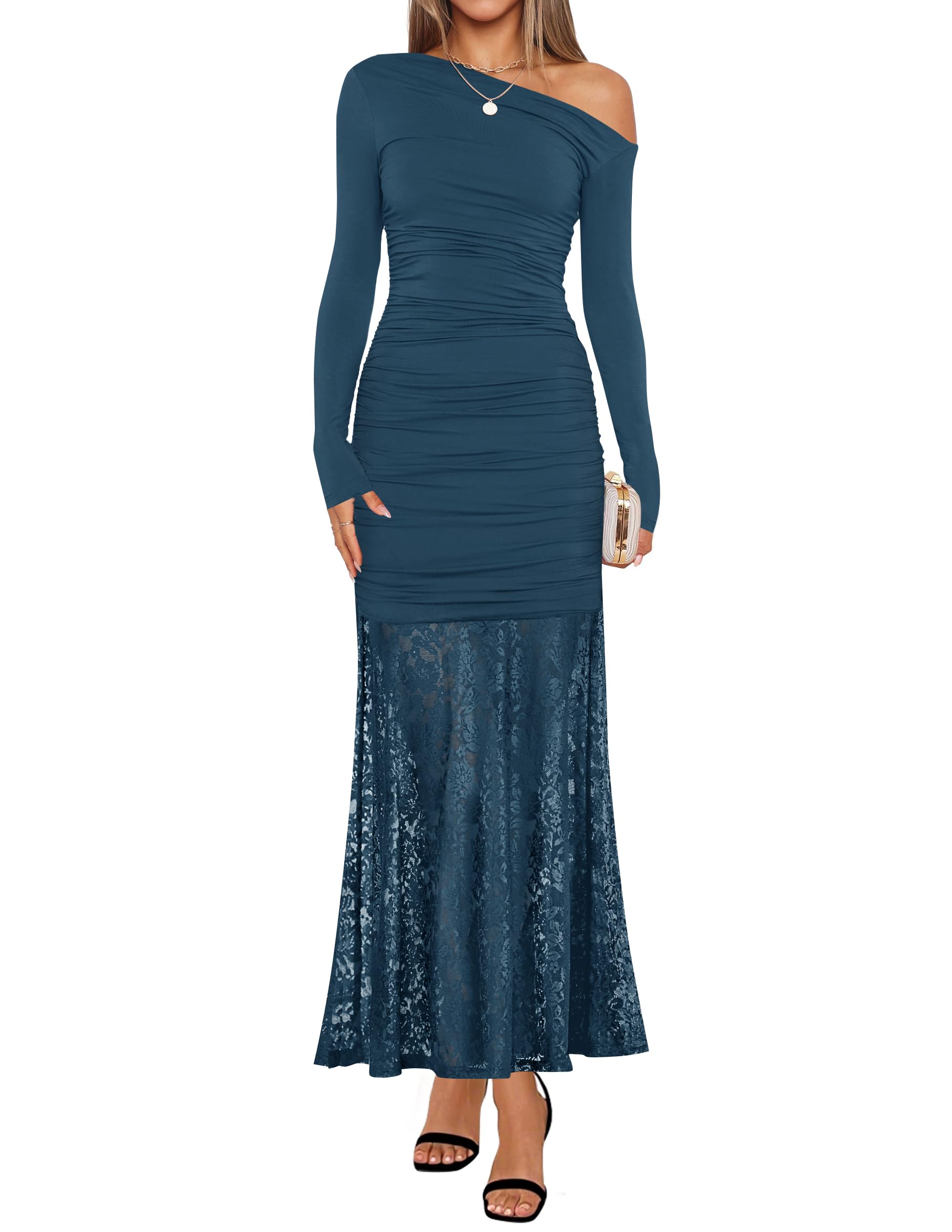 Luxuii Off Shoulder Bodycon Ruched Lace Wedding Guest Cocktail Dress
