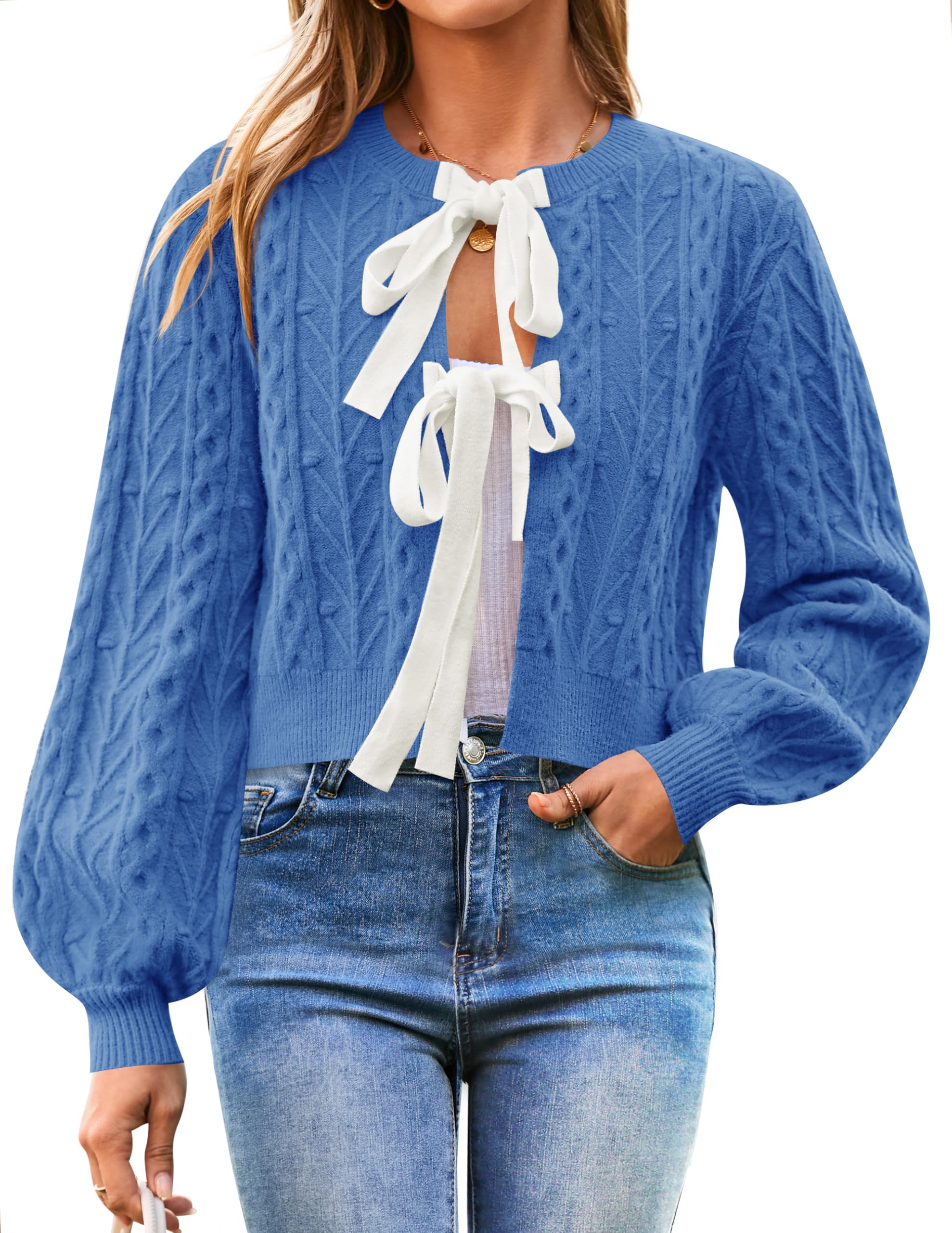Luxuii Fall Long Sleeve Tie Front Cable Knit Chunky Cropped Outerwear Coat