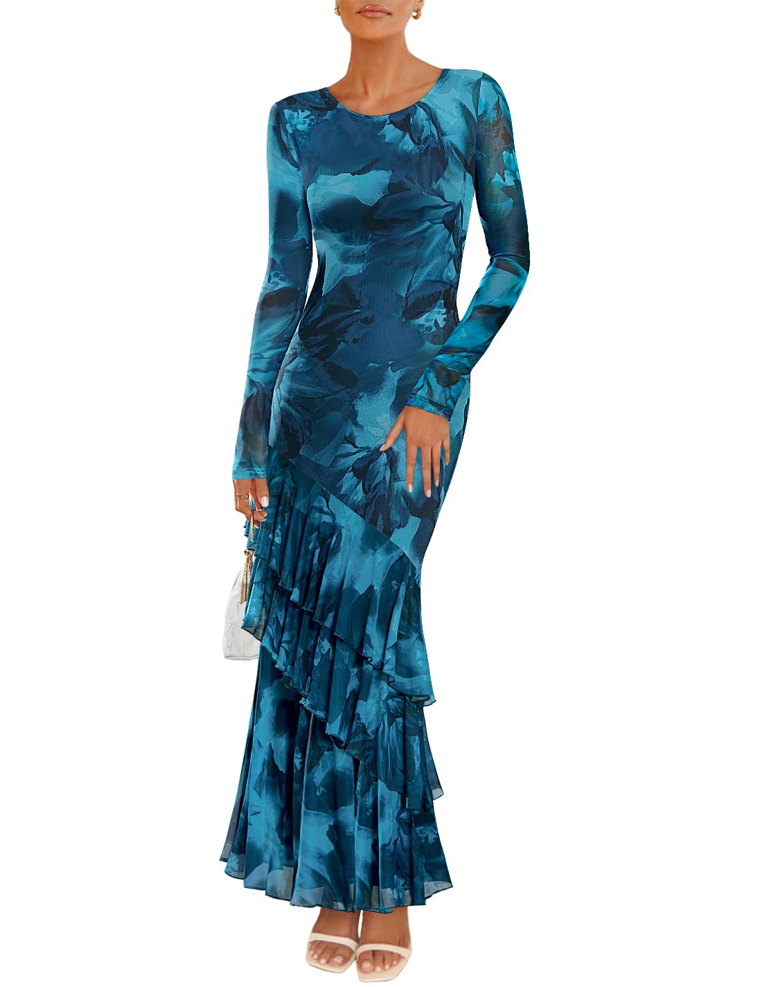 Luxuii Floral Bodycon Boho Long Sleeve Mesh Ruffle Mermaid Dress