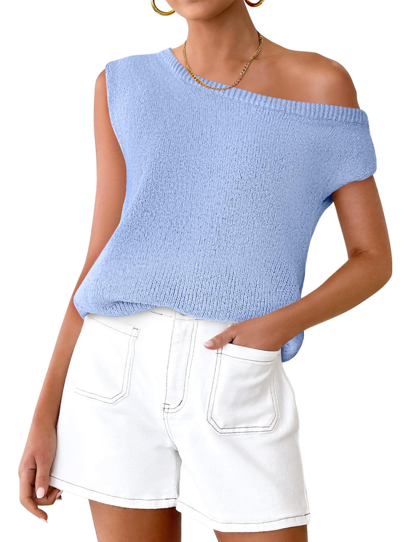 Luxuii Off The Shoulder Knit Short Sleeve Oversized Shirt