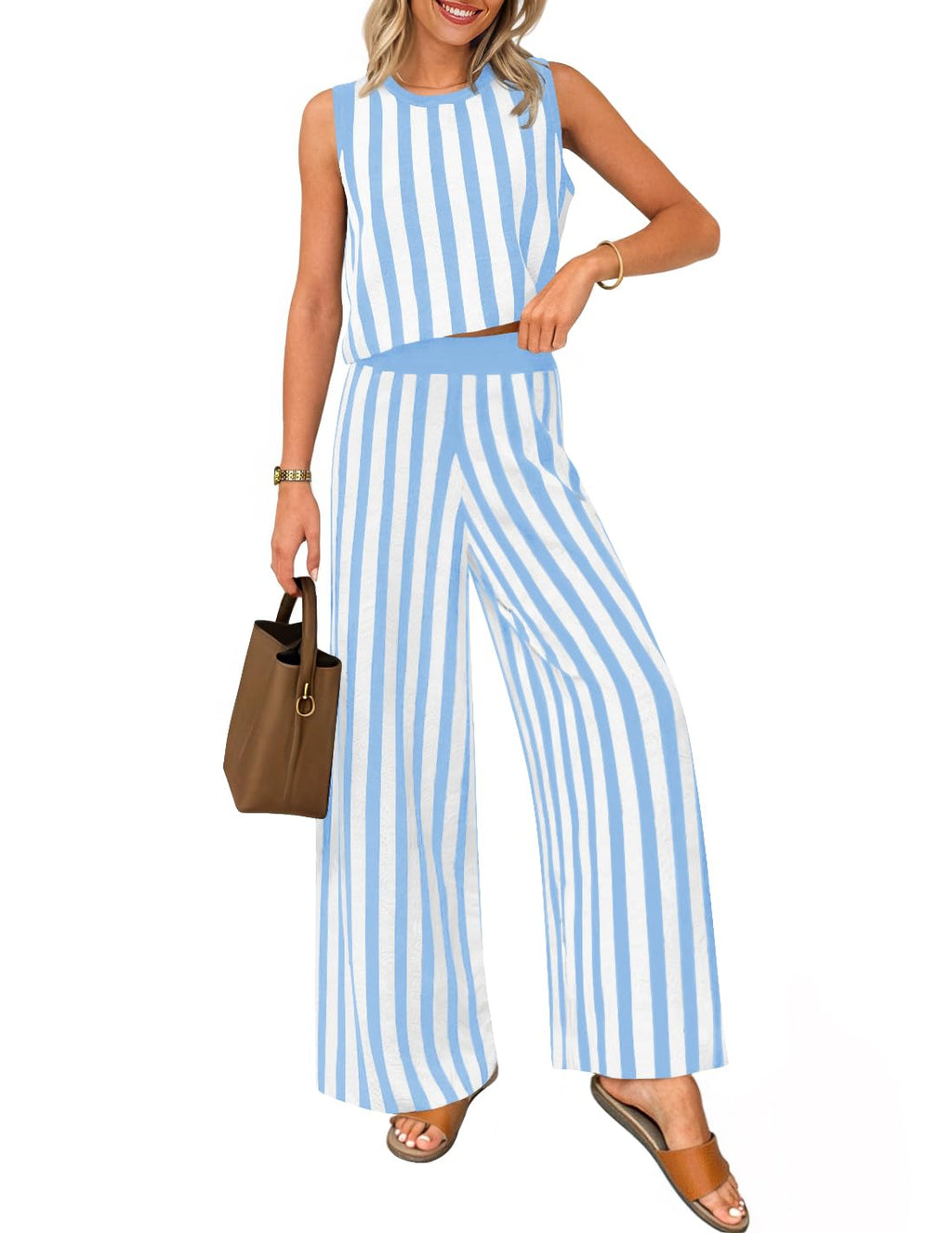 Luxuii Two Piece Outfits Crop Tank Tops and Wide Leg Pants Striped Sets