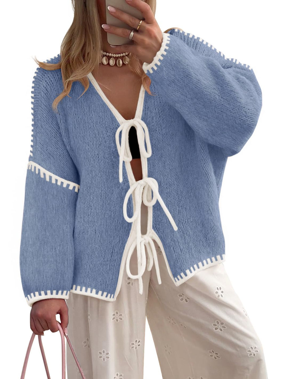 Luxuii Tie Front Bow Knit Color Block Fall Winter Clothing Coats